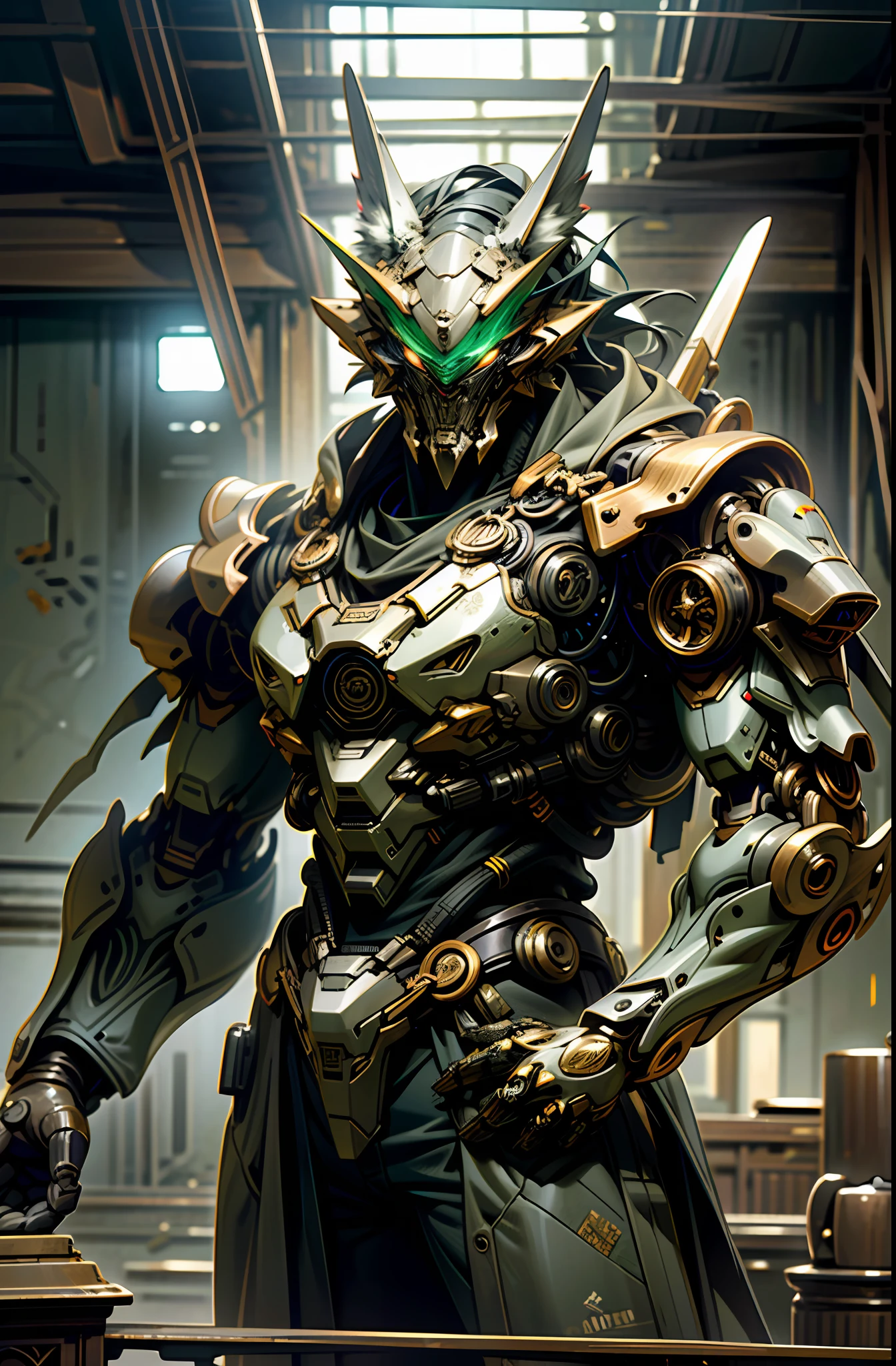 Dark_Fantasy, Cyberpunk, (wolf, wolf man, Green:1.1), (random background, ruins), (masterpiece, 32k resolution, ultra-realistic, very detailed), wearing shabby mech suits, intricate, (steel metal [rusty]), elegant, clear focus, photographed by greg rutkowski, soft lighting, bright colors, masterpiece, ((ruins)), cowboy shooting, dynamic pose, Exquisite eyes, detailed background, perfect face, exquisite facial features, high resolution, high quality, high detail, colorful, exquisite wallpaper, glitter particles, realistic, OC rendering, supreme masterpiece,
