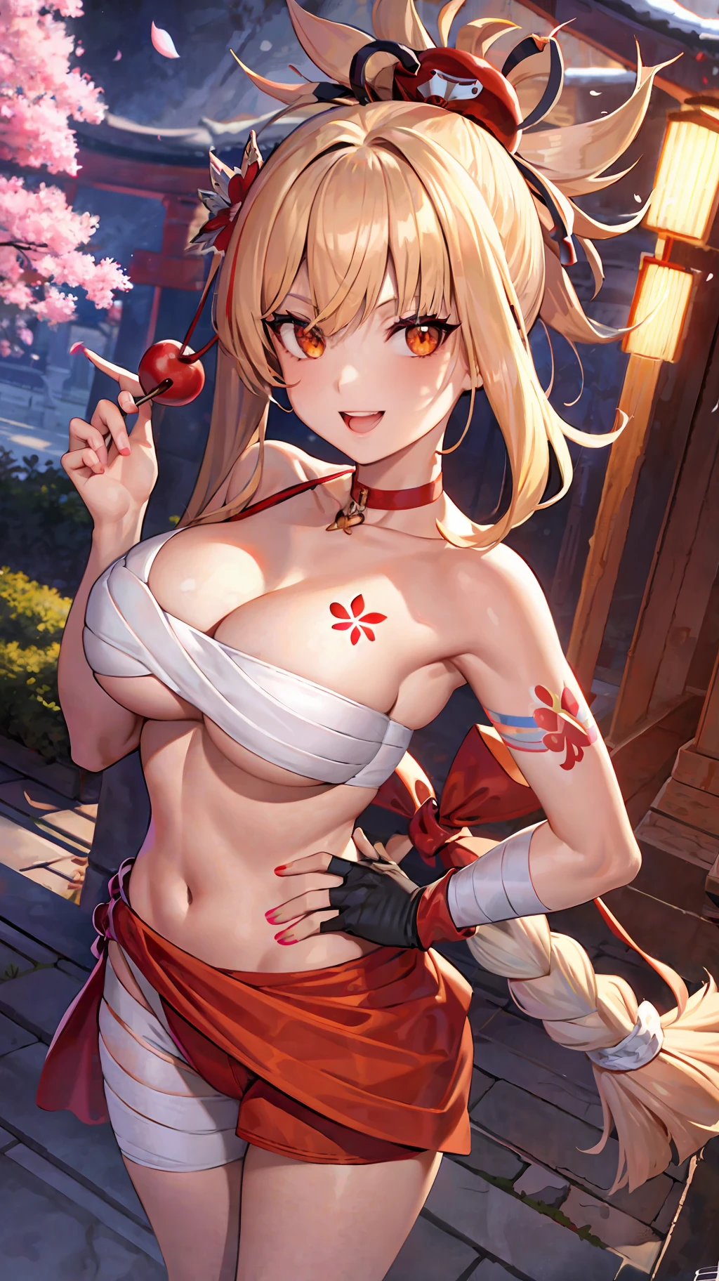 masterpiece, best quality, highres, 1girl, asymmetrical hair, (bandaged leg), (bandages), bangs, black gloves, blonde hair, butterfly choker, chest tattoo, choker, cleavage, collarbone, fingerless gloves, fish hair ornament, floating hair, flower tattoo, gloves, hair between eyes, hair ornament, high ponytail, kanzashi, medium breasts, medium hair, open mouth, orange eyes, pendant choker, red choker, sidelocks, single fingerless glove, single glove, smile, tassel, tattoo, teeth, thighs, upper teeth only, wristband, cherry blossoms, cherry tree, torii, multiple torii, (chest sarashi, budget sarashi, sarashi:1.2), (hands on hips:1.2), (nude),