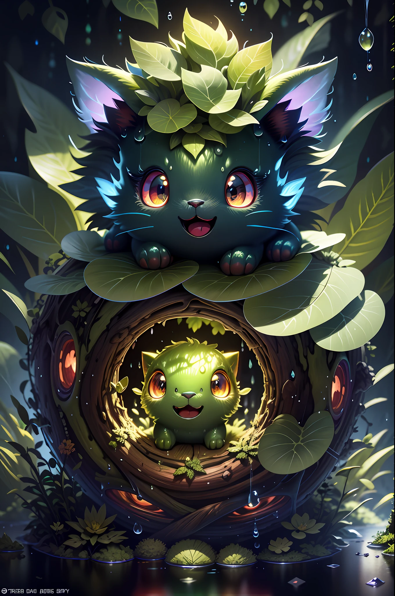 grainy, extremely detailed, intricate detail, dynamic lighting,detailed illustration, filmg , natural lighting, cat, slime, red glowing eyes, :P, (fluffy:1.2), glowing stripes, raining,wet,dark theme, open mouth, lot of teeth, abyss, lurking in shadow, Chi_testv1,