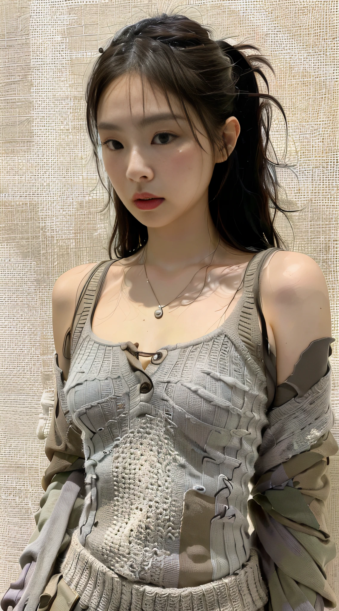 (1girl:1.3), Solo, __body-parts__, Kim Ji-ni Jennie Face, World-weary Face, Sense of Premium, Background Doomsday Wasteland Style, Broken Khaki Gray Sweater, Bare Shoulders, Dusty, Stormy, Earthy, Gray Tones, 8K Resolution Image, Intricate Symmetrical Details. The whole picture is invincible and heroic, mainly a complete picture of a woman standing all over her body, with smooth movements and a confident expression.