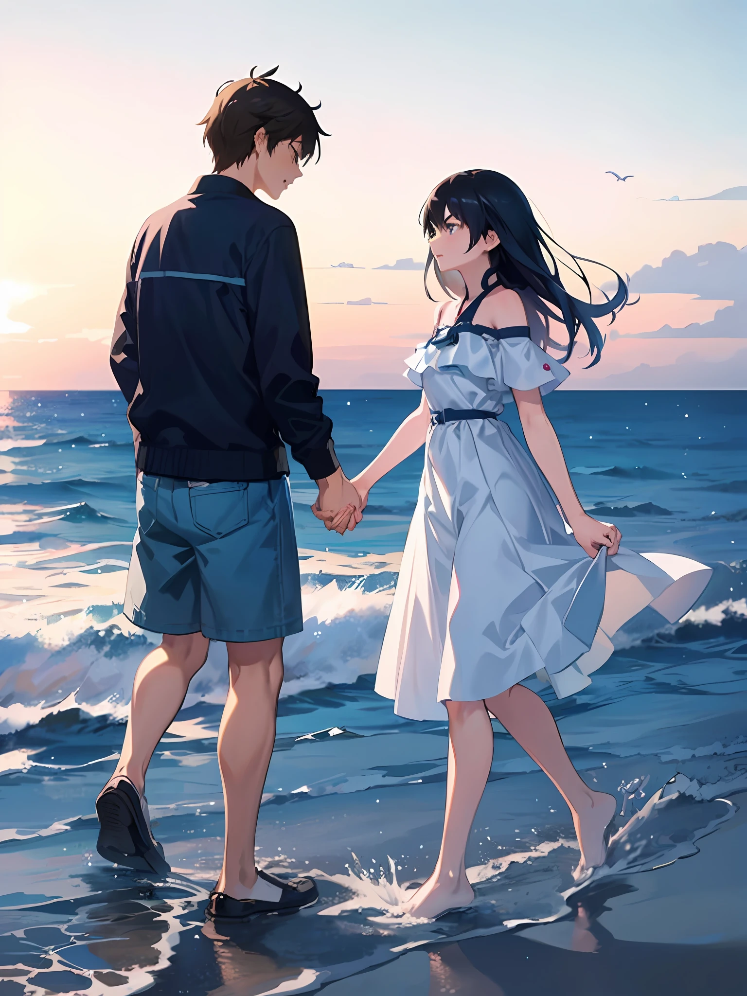 anime couple walking on the beach holding hands, sakimichan and makoto shinkai, guweiz and makoto shinkai, ( ( makoto shinkai ) ), makoto shinkai. —h 2160, in style of makoto shinkai, ross tran and makoto shinkai, makoto shinkai cyril rolando