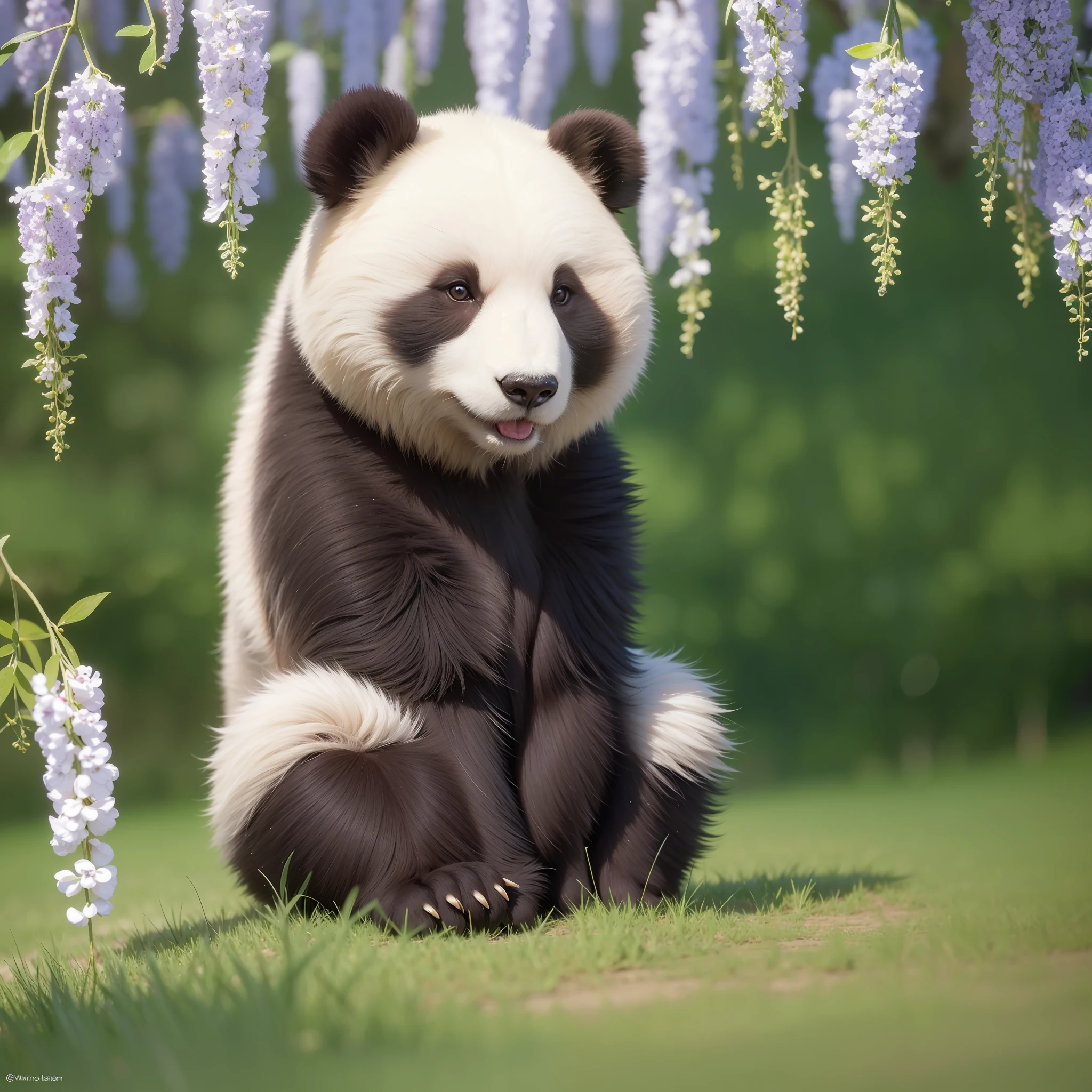 8K, 1 bear, cute sitting on the ground, (shiny and shiny hair: 1.5), (exquisite depiction of details: 1.5), cute giant panda named Wahua, characteristics of giant panda, round body, white short tail, black limbs, standing on both feet, smiling at the audience, under the wisteria tree, grass, wide-angle lens, HD quality, exquisite detail description
