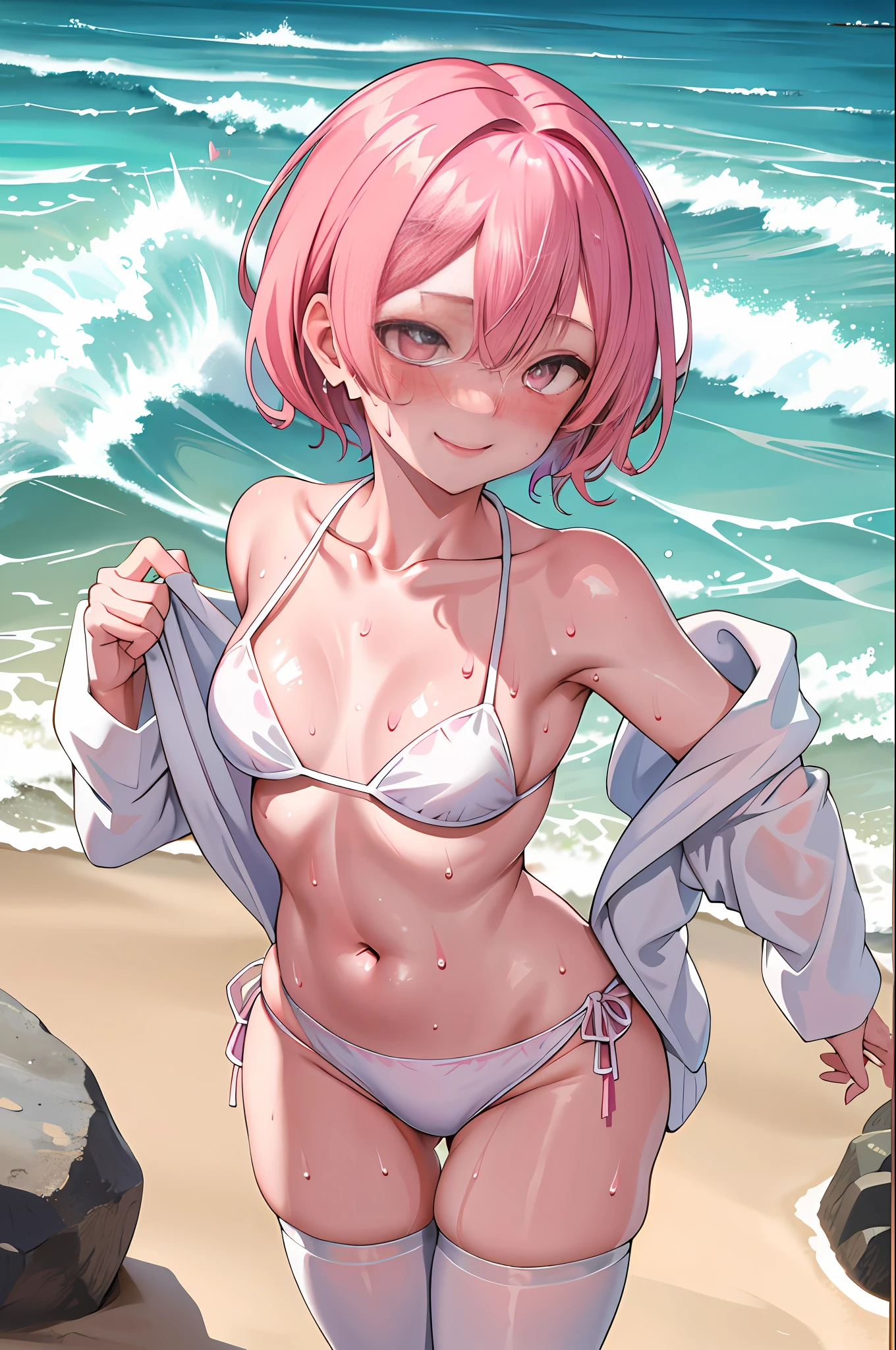 Masterpiece, Best Quality, Hi-Res, Ram 1, 1 Girl, Solo, Ram \(re:Zero\), Pink Hair, White Thighs, Short Hair, Red Eyes, Hair Above One Eye, (Blushing:1.4), (Heart-shaped Pupil:1.4), (Sweating:1.5), (Smile:1.3), (Full Body)), (Erotic Pose:1.3),Small,1girl, dizzykitten_512x640_1.5, pose, cute, beach, ocean wave, sunlight, micro bikini, tanning line, eyeliner, medium breasts, thin, skinny, collarbone, highly detailed background, 8k, ultra detail, masterpiece