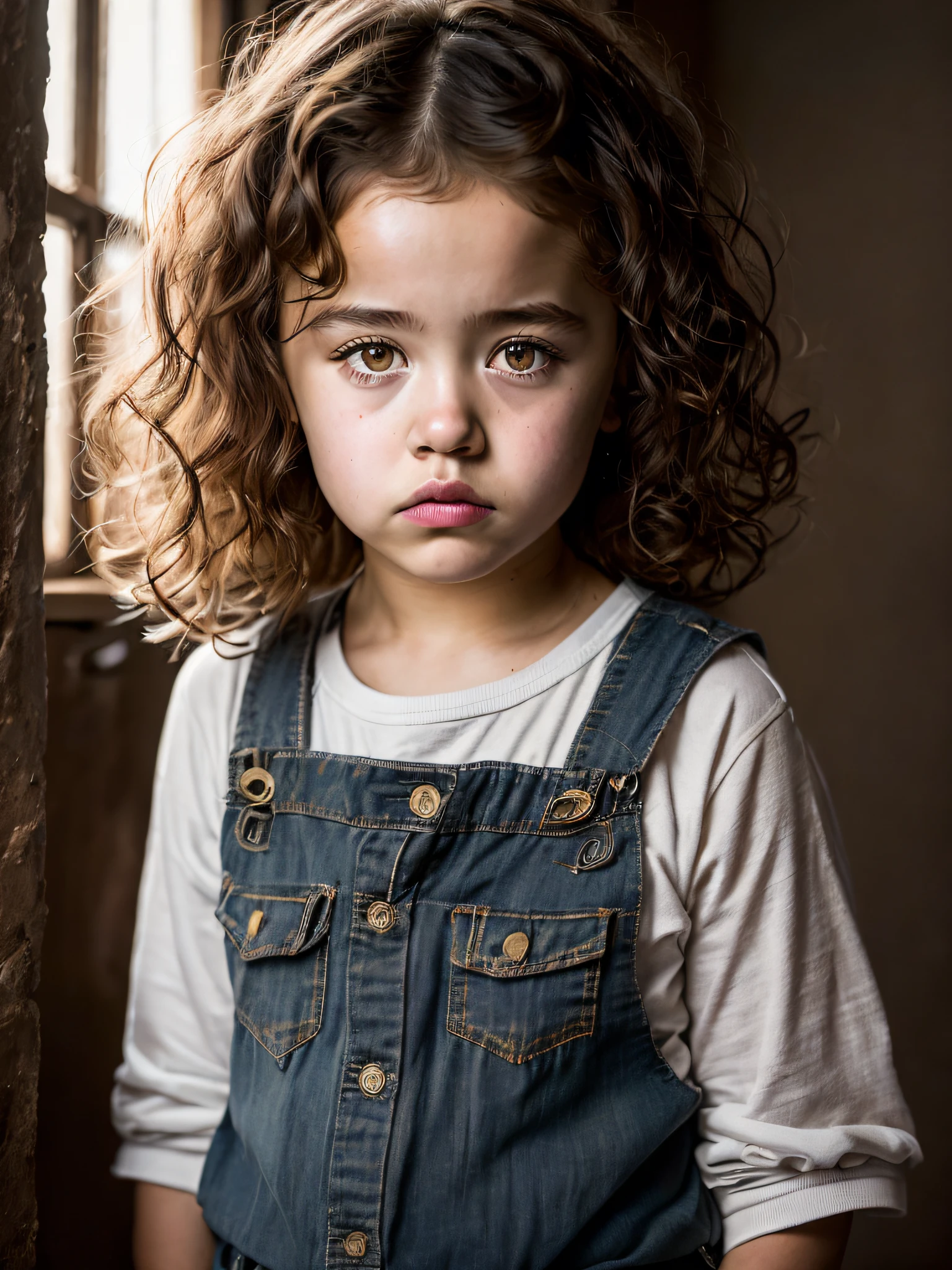 (Modelshoot style), A sad little and homeless girl ((dressing an old torn clothes)), (shy), 1girl, solo, brown and curly and messy hair, very detailed face, beautiful eyes, [chubby], adorable, with rosy cheeks and bright, sad eyes, stunningly beautiful, (Rembrandt Lighting), zeiss lens, ultra realistic, (high detailed skin:1.2), 8k uhd, dslr, Dramatic Rim light, high quality, Fujifilm XT3,