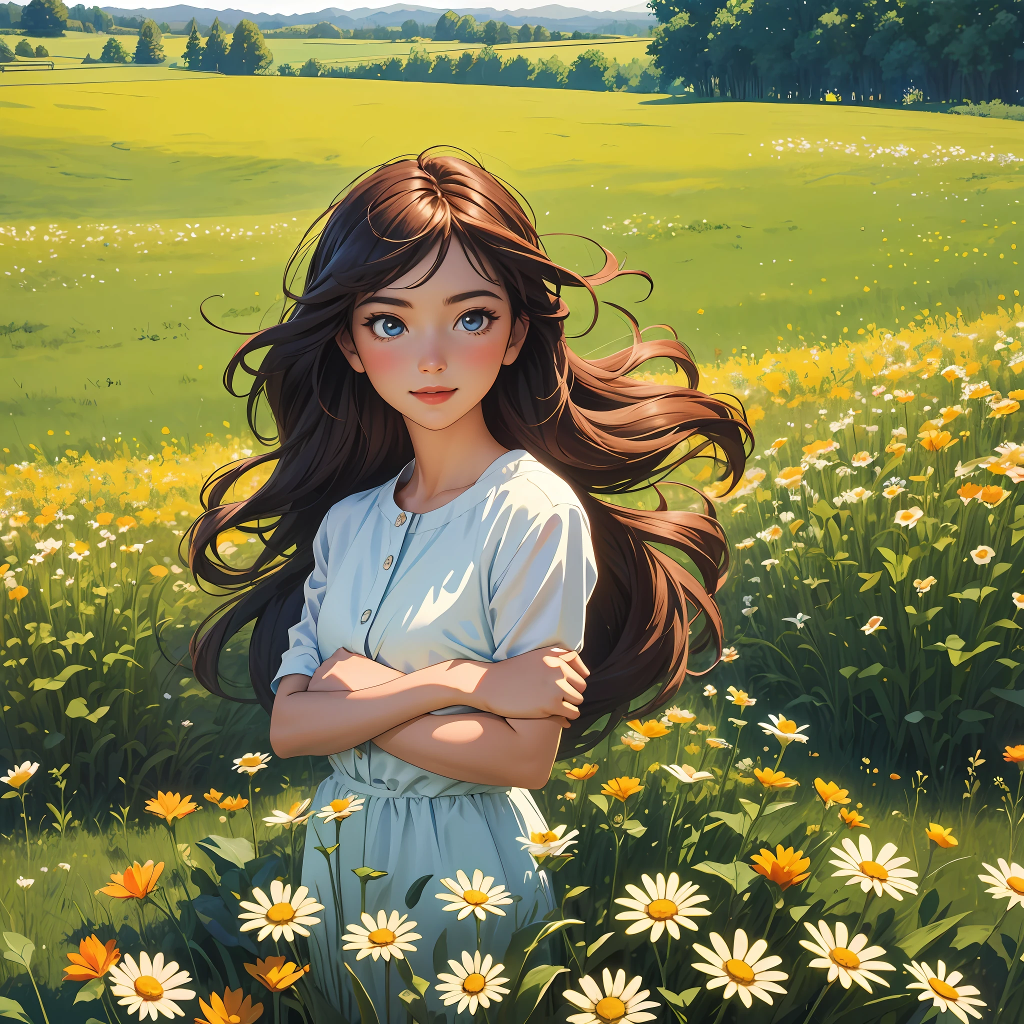 countryside road trip movie poster, masterpiece, best quality, 1girl, field of daisy, vibrant, happy, butterflies