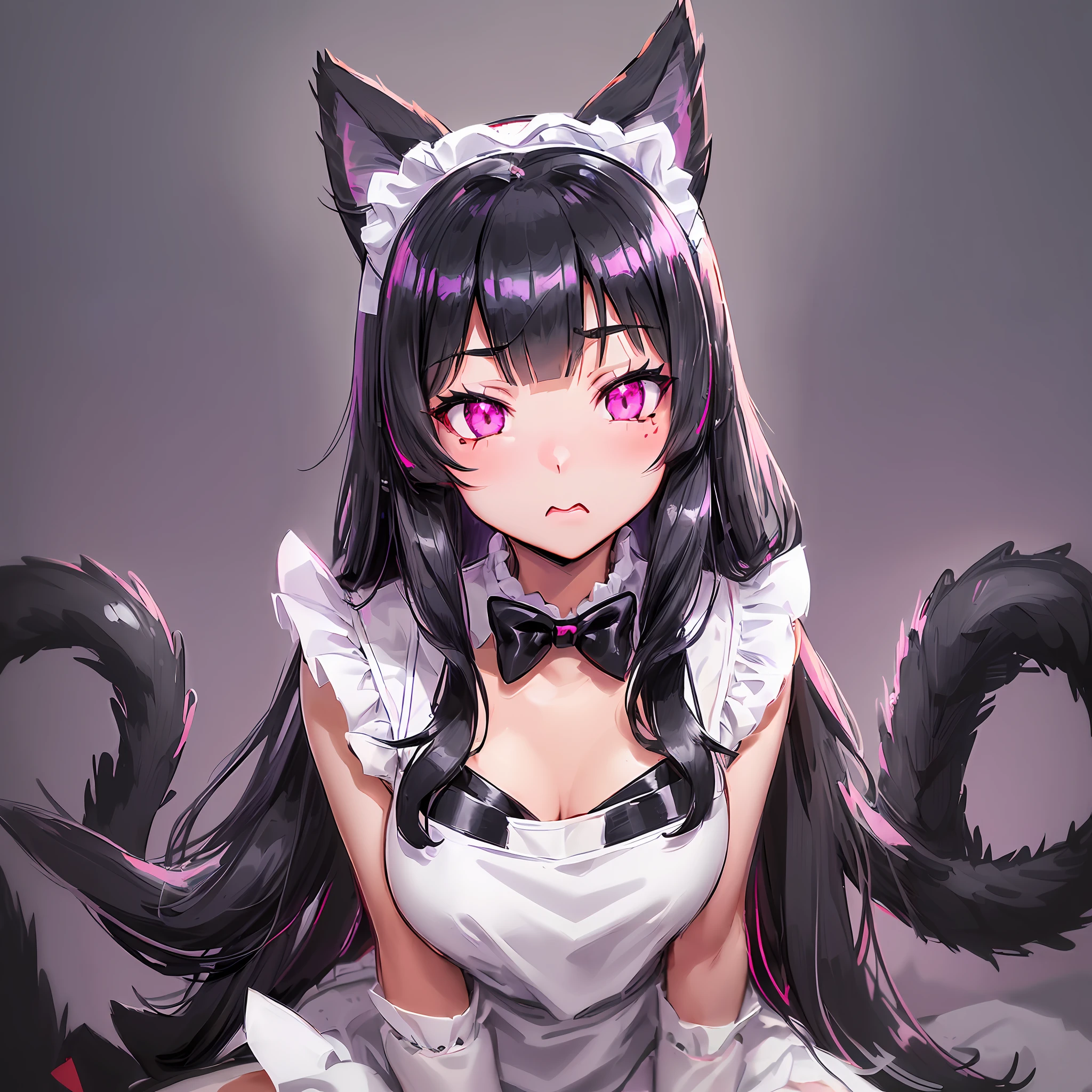 (Kuroneko from Oreimo),(ruri gokou), ((black long hair with bangs)), (((crimson pink eyes))), ((((black cat ears)))), ((((maid costume)))), ((red bowtie on the chest)), loli, flat chest, ((((mole under left eye)))), (((black stockings))), ((((black cat tail)))), neko, (((white apron)))