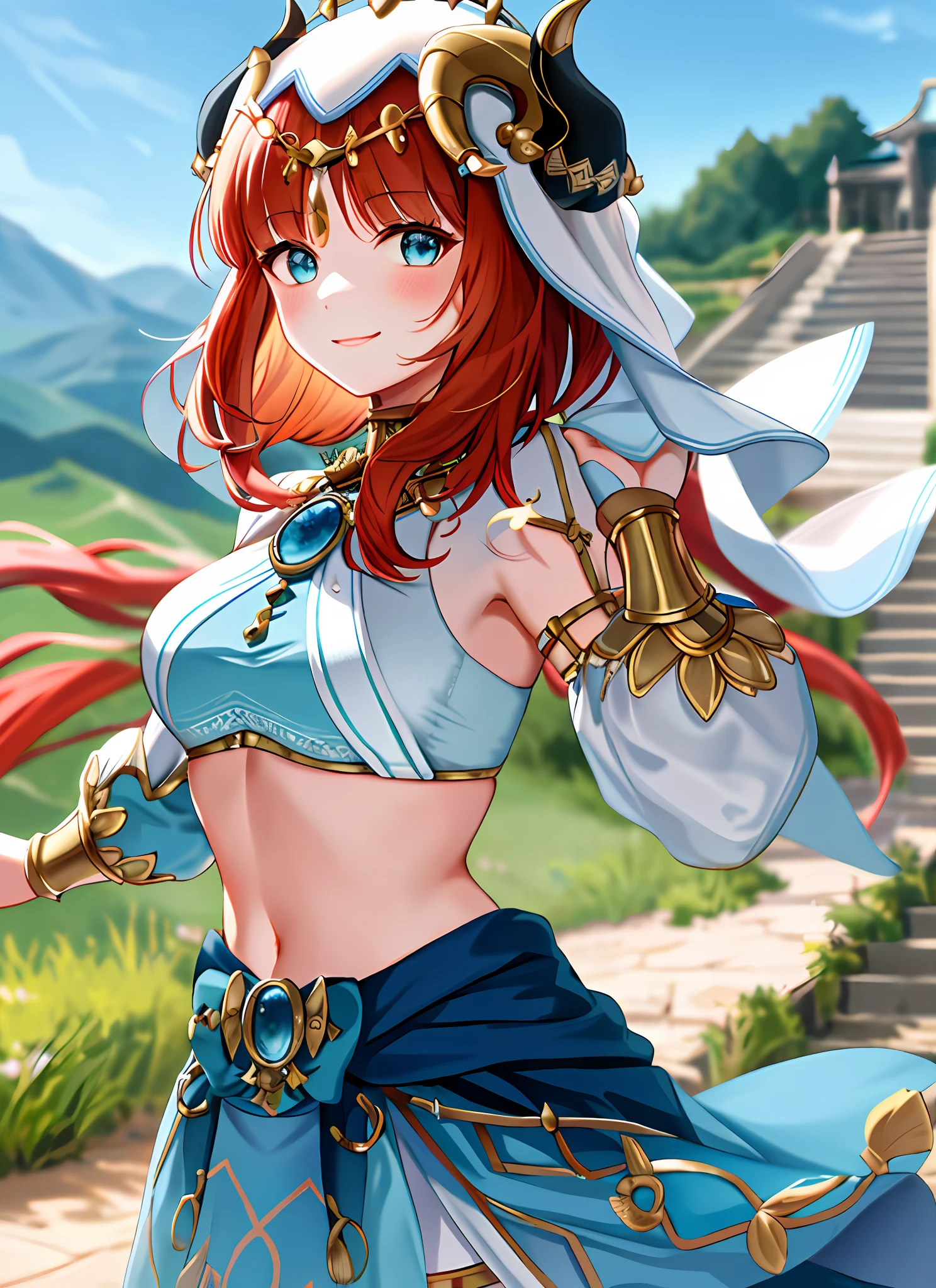 niloudef, upper body, smile, blush, outdoors, day, simple background, blue sky, short hair, sky, temple, looking at viewer, stairs, mountain, moody lighting, facing viewer,