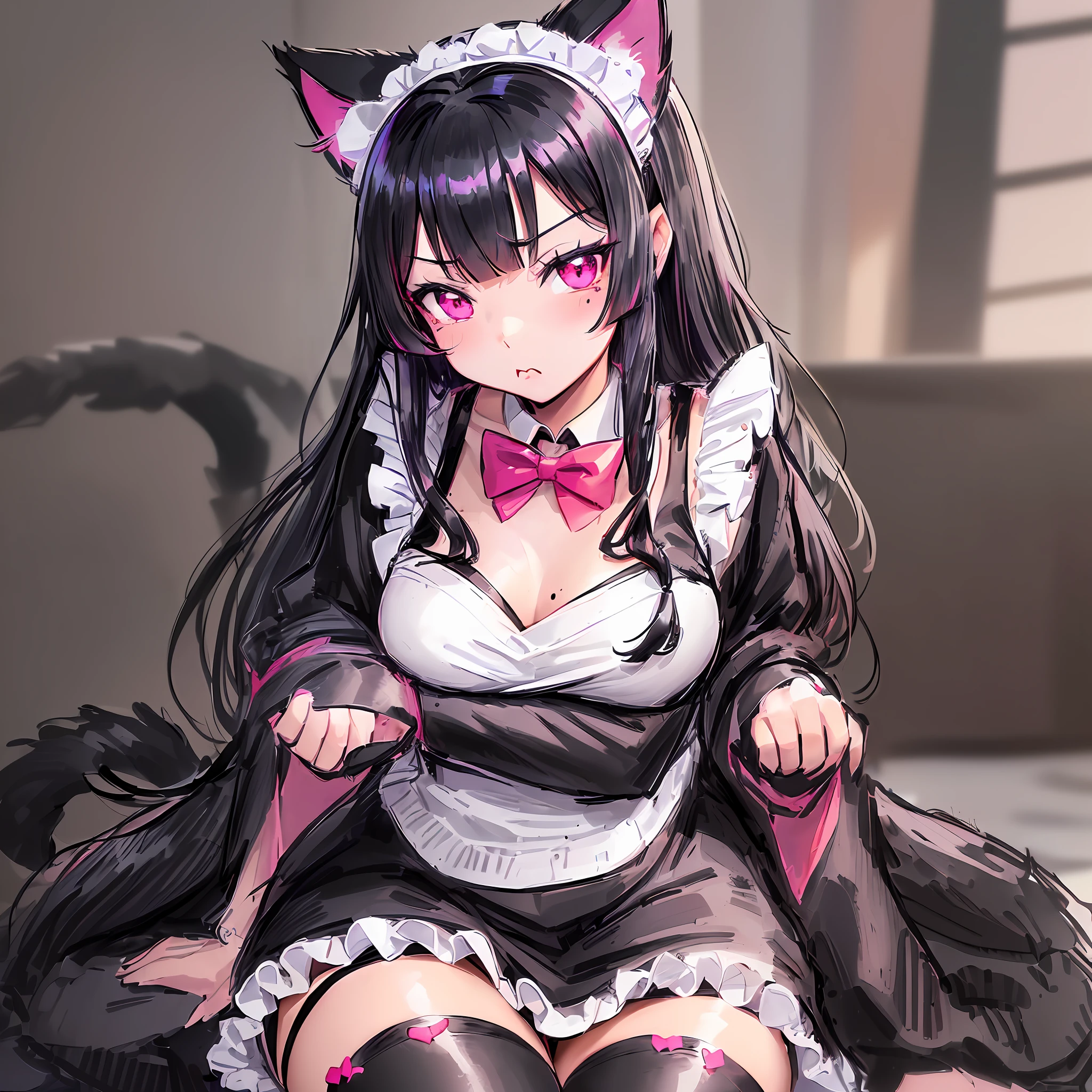 (Kuroneko from Oreimo),(ruri gokou), ((black long hair with bangs)), (((crimson pink eyes))), ((((black cat ears)))), ((((maid costume)))), ((red bowtie on the chest)), loli, flat chest, ((((mole under left eye)))), (((black stockings))), ((((black cat tail)))), neko, (((white apron)))