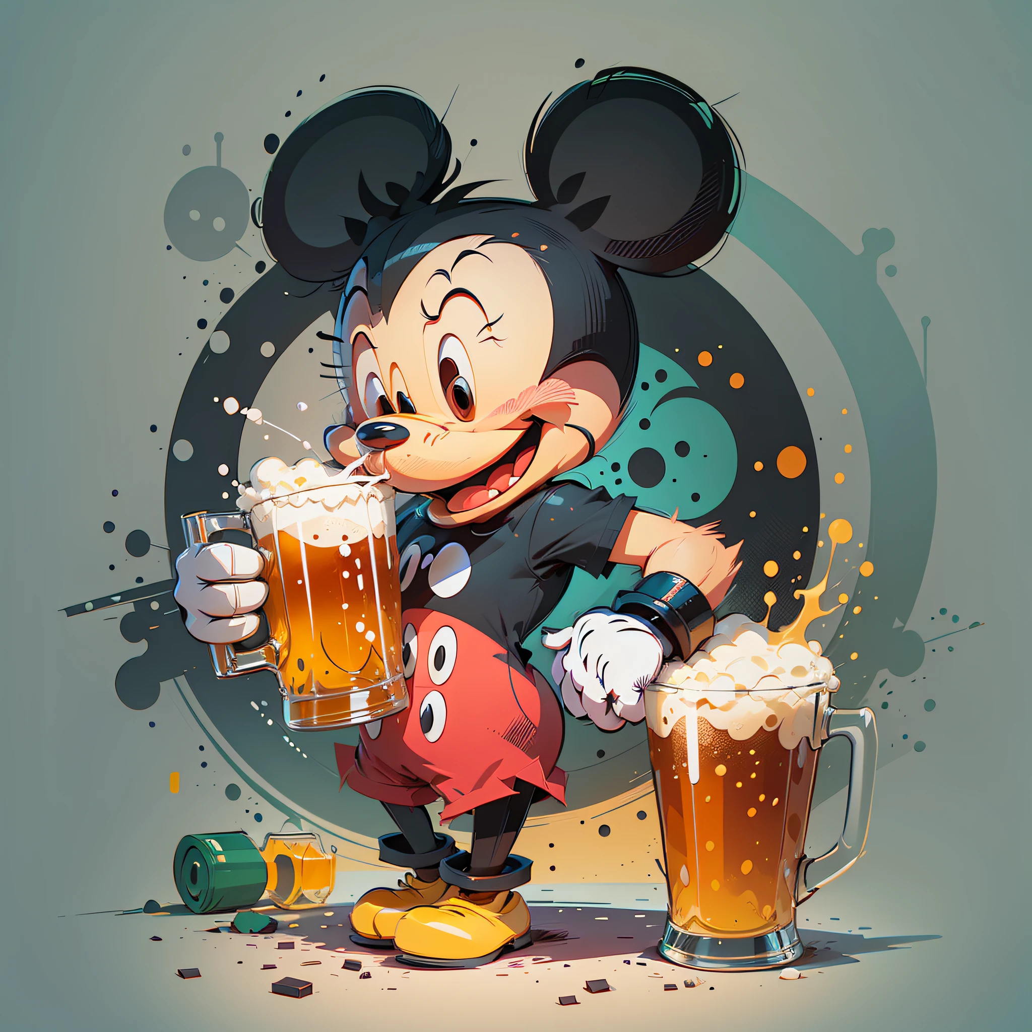 I want you to make a minimalist, 2d, vectorized drawing of mickey mouse drinking beer, drunk and colorful --auto --s2