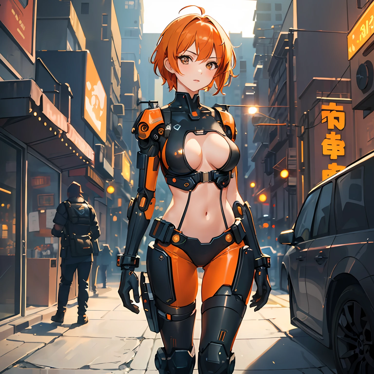 (masterpiece:1.3), (best quality:1.3), (best lighting+cinematic:1.3), (1girl:1.1), (short orange hair), wearing cyberpunk outfits with a number on her arm (of mechanical parts:1.2)0.3], background of a rustic art scene of an illuminated city.