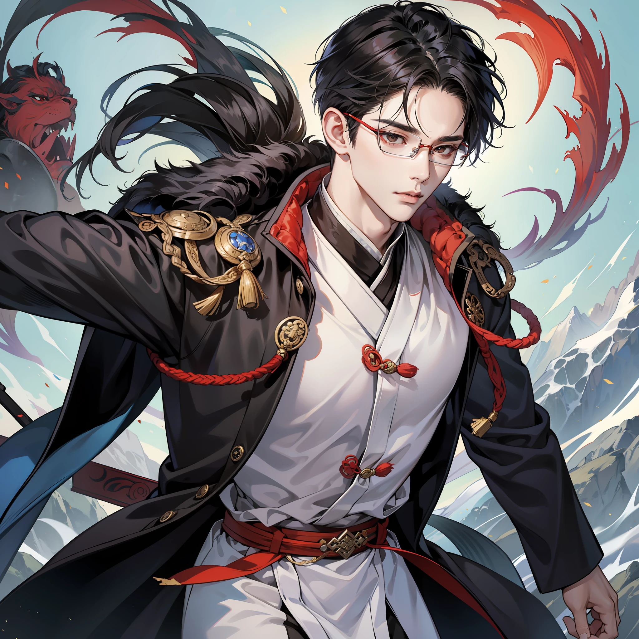 Close-up of a man with glasses and a jacket, short black hair, Kurase Jinyao, by Yang J, a handsome guy in the art of demon killer, inspired by Ding Yunpeng, Keqing from Yuanshen Impact, beautiful hermaphroditic prince, inspired by Zhao Yuan, by Ni Tian, Liang Xing, inspired by Zhang Han