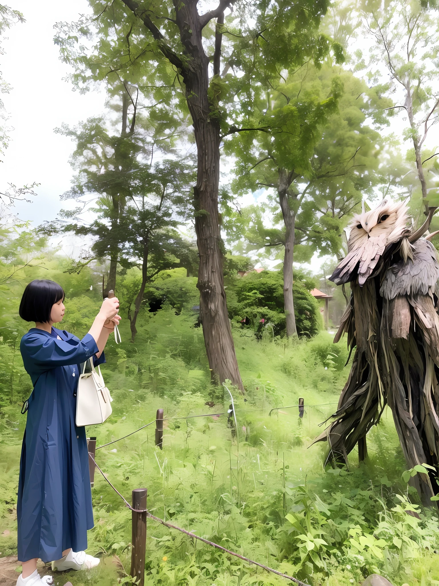 there is a woman standing in the woods holding a bird, with magical creatures, with a giant robot owl, ent, in the shape of a ent, in karuizawa, artist arata yokoyama, photo on iphone, with a figure in the background, by Nishida Shun'ei, 165 cm tall, tardigrade statue in the forest