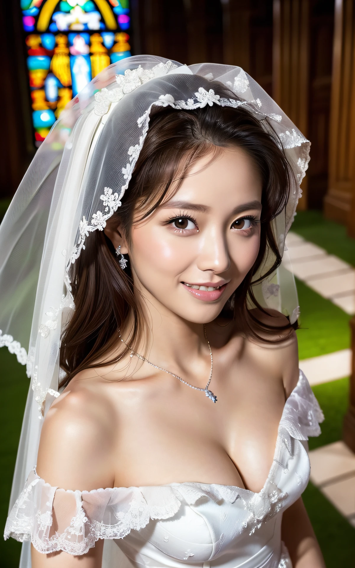 (Masterpiece: 1.4), (Hyper Realistic: 1.4), (Best Quality, 16k, 32k, Masterpiece, UHD: 1.2), Pretty Japan Woman Pictures, ung Girl, Double Eyelids, (Big: 1.2), Sexy Bride, (Pure White Wedding Dress, Wedding Veil)), (Deep Slit: 1.2), (Smile: 1.1), Off Shoulder , ((in the church)), cleavage cutout, (overhead shot), (sideboob), (portrait), (from above)