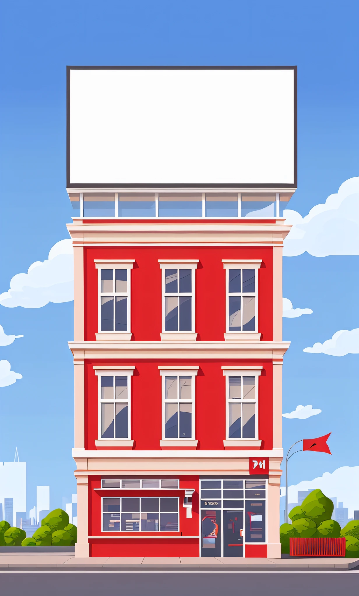 a red building with a billboard on the top of it, flat illustration, stylized digital illustration, building facing, realistic building, stock illustration, single building, high quality illustration, commercial billboard, vector illustration, artwork of a building, brick building, detailed 2d illustration, city street view background, big poor building, random background scene, commercial illustration, highly detailed illustration