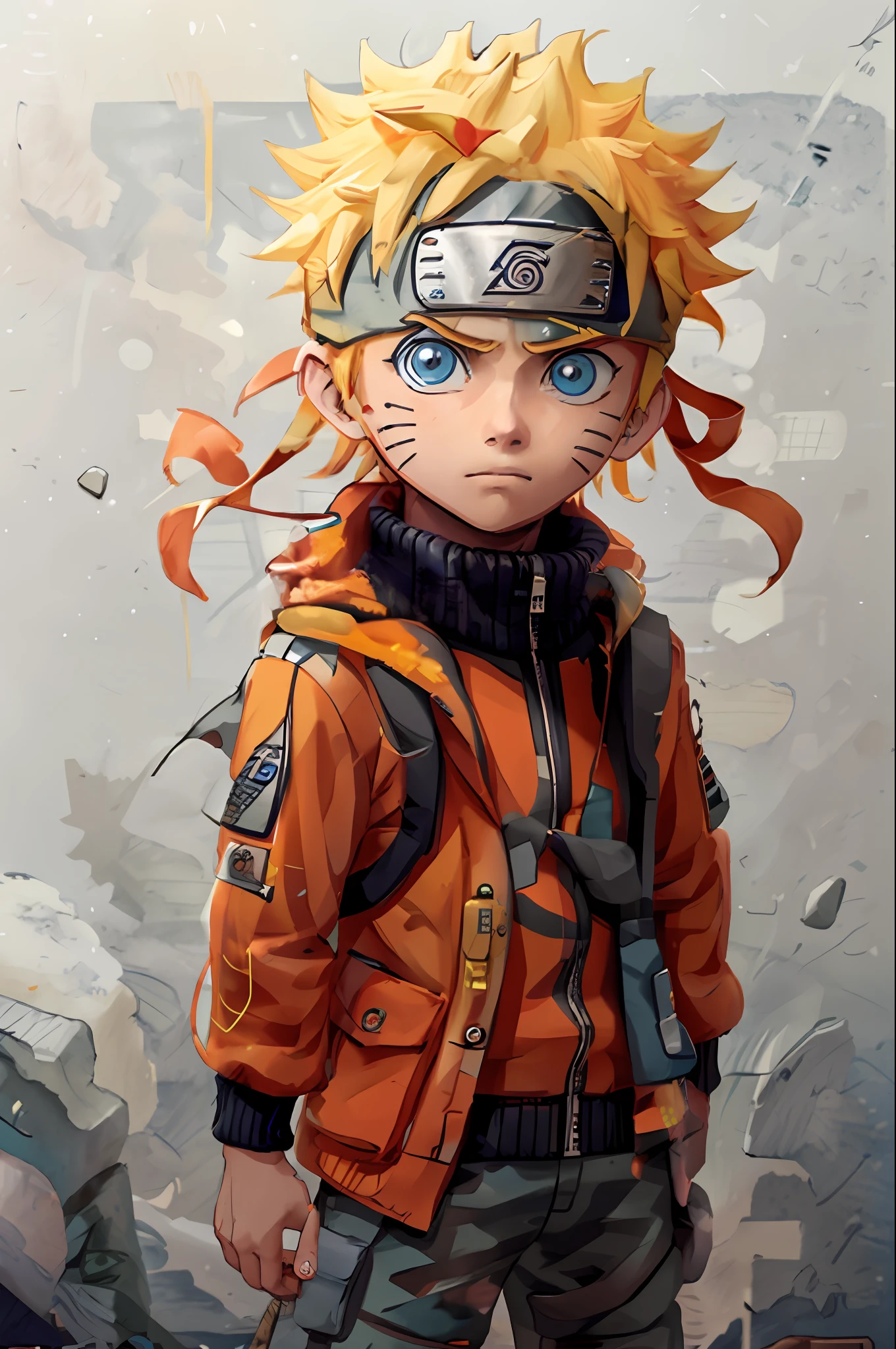 Sticker, chibinaruto, 1boy, solo, male focus, blue eyes, facial mark, looking at the viewer, fighting posture, serious, orange jacket, jacket, closed mouth