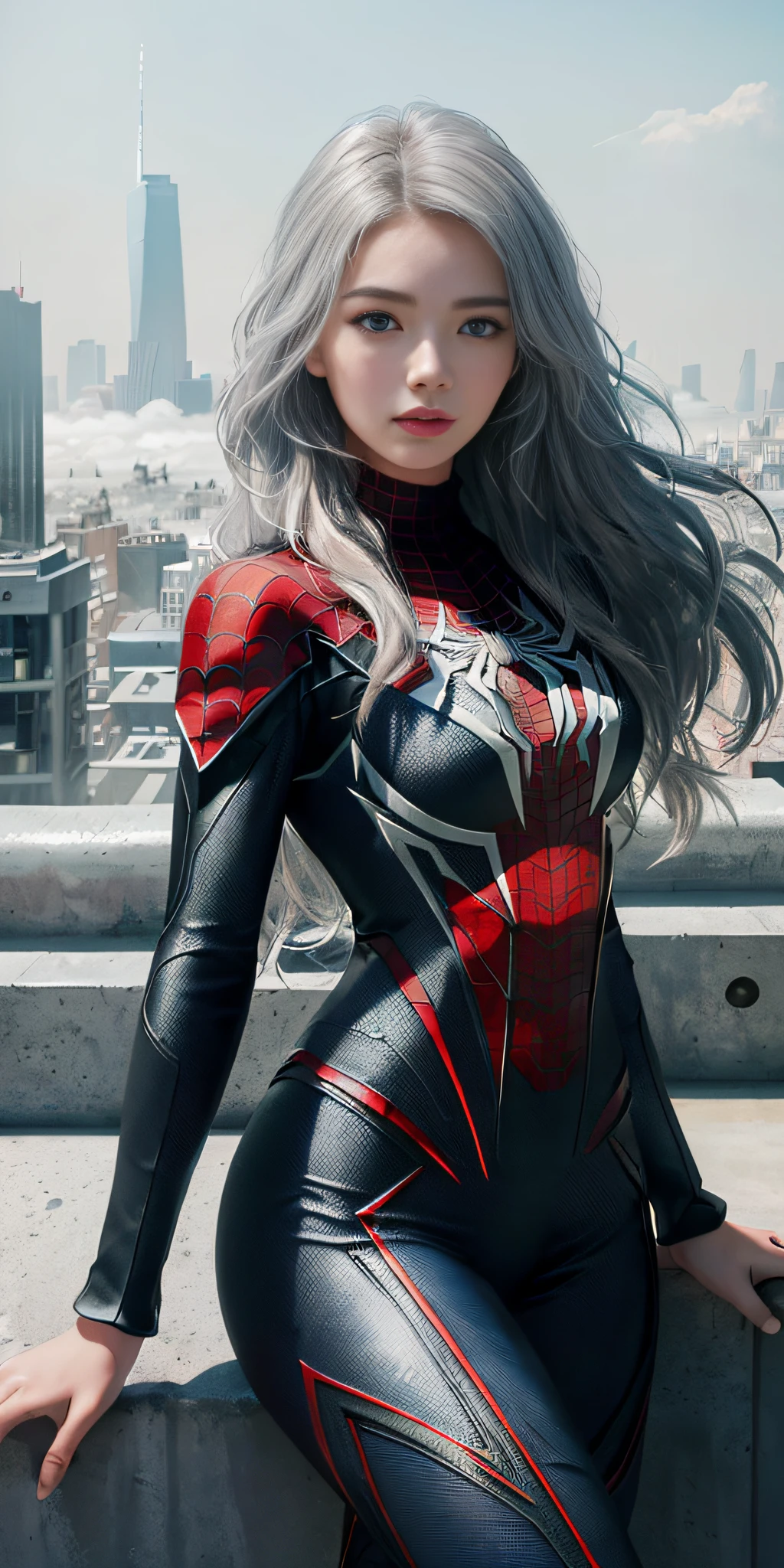 (1girl:1.3), Solo, (((Very detailed face)))), ((Very detailed eyes and face)))), Beautiful details eyes, body parts__, official art, unified 8k wallpaper, super detailed, beautiful and beautiful, beautiful, masterpiece, best quality, original, masterpiece, super fine photo, best quality, super high resolution, realistic realism, sunlight, full body portrait, amazing beauty, silver long hair, dynamic pose, delicate face, vibrant eyes, (From the front), she is wearing a Spider-Man suit, red-black-and-white color scheme, spider, very detailed city roof background, rooftop, overlooking the city, detailed face, detailed complex busy background, messy, gorgeous, milky white, highly detailed skin, realistic skin details, visible pores, clear focus, volumetric fog, 8k uhd, DSLR, high quality, film grain, fair skin, photo realism, lomography, futuristic dystopian megalopolis, translucent