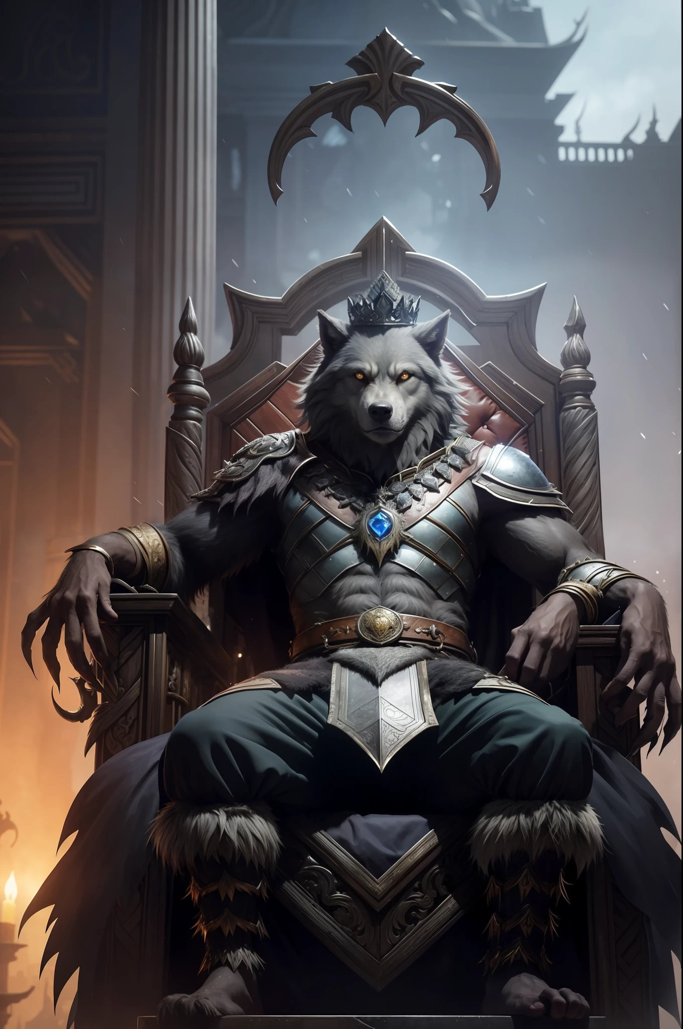 an old Werewolf king sitting on the throne in the heart of The City of Glas, throne is A very humid place full of puddles and leaks, regal, intimidating, ornate armor, regal crown, blurry_background, natural lighting, short twintails hair, looking_at_viewer, solo, highly detailed 8k