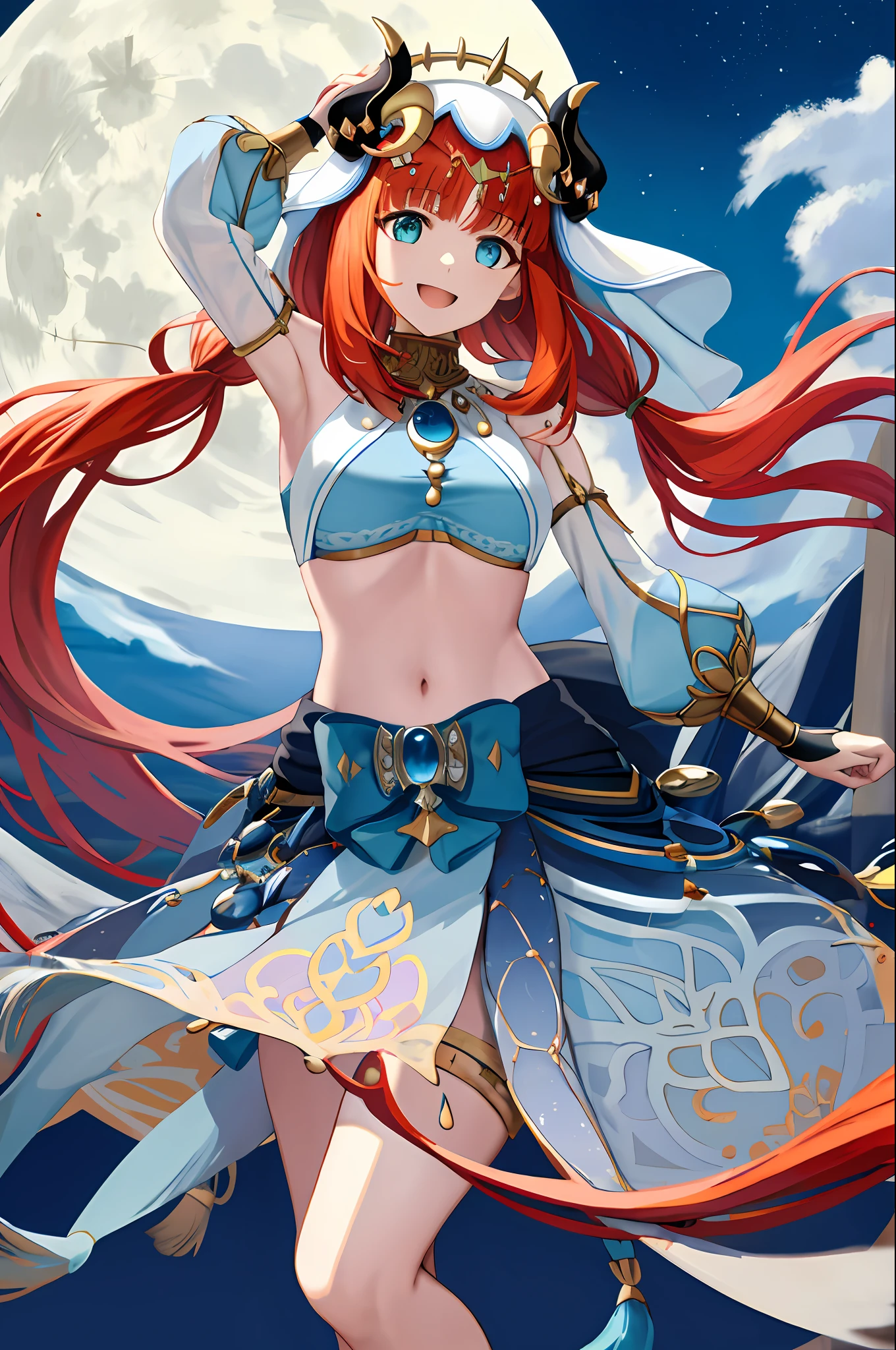 (Realistic painting style:1.1), masterpiece, best quality, absurdres, nilou (neither flower nor mist) (genshin impact), aqua eyes, nilou (genshin impact), fake horns, 1girl, solo, red hair, veil, smile, moon, long hair, crop top, jewelry, horns, night, bracer, brooch, long sleeves, puffy long sleeves, looking at viewer, skirt, bangs, twintails, water, puffy sleeves, sky, neck ring, open mouth, :d, full moon, night sky, flower, harem outfit, gold trim, parted bangs, arm up, breasts, circlet, outdoors, blue skirt, hair ornament, detached sleeves, low twintails, floating hair, gem, hair flower, blue gemstone, hand up, dancer, white headwear, small breasts, stomach, midriff, cowboy shot, blue bow, very long hair