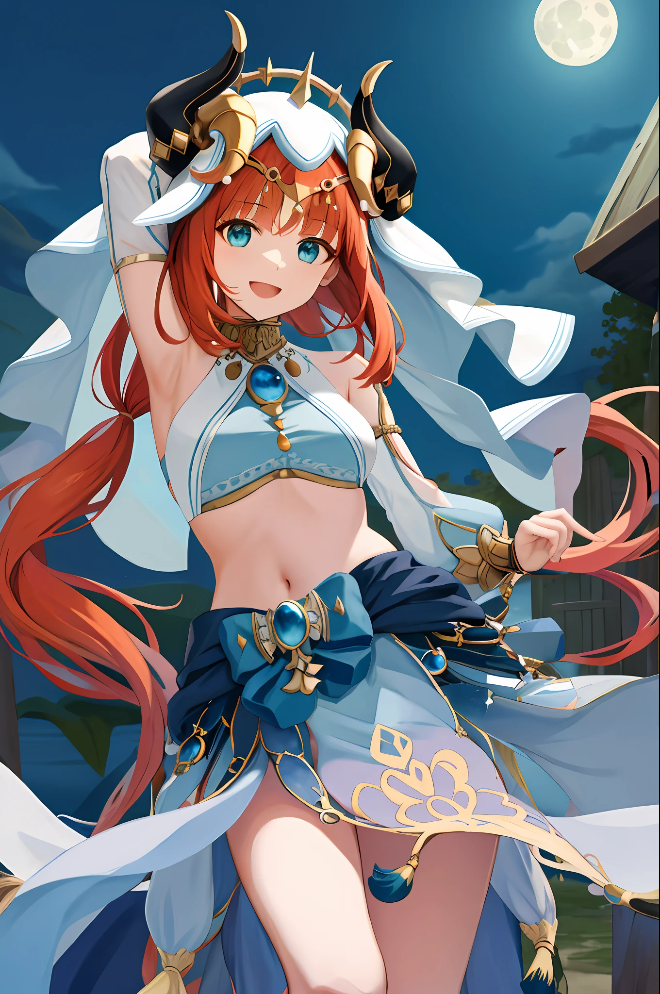 (Realistic painting style:1.1), masterpiece, best quality,  absurdres, nilou (neither flower nor mist) (genshin impact), aqua eyes, nilou (genshin impact), fake horns, 1girl, solo, red hair, veil, smile, moon, long hair, crop top, jewelry, horns, night, bracer, brooch, long sleeves, puffy long sleeves, looking at viewer, skirt, bangs, twintails, water, puffy sleeves, sky, neck ring, open mouth, :d, full moon, night sky, flower, harem outfit, gold trim, parted bangs, arm up, breasts, circlet, outdoors, blue skirt, hair ornament, detached sleeves, low twintails, floating hair, gem, hair flower, blue gemstone, hand up, dancer, white headwear, small breasts, stomach, midriff, cowboy shot, blue bow, very long hair