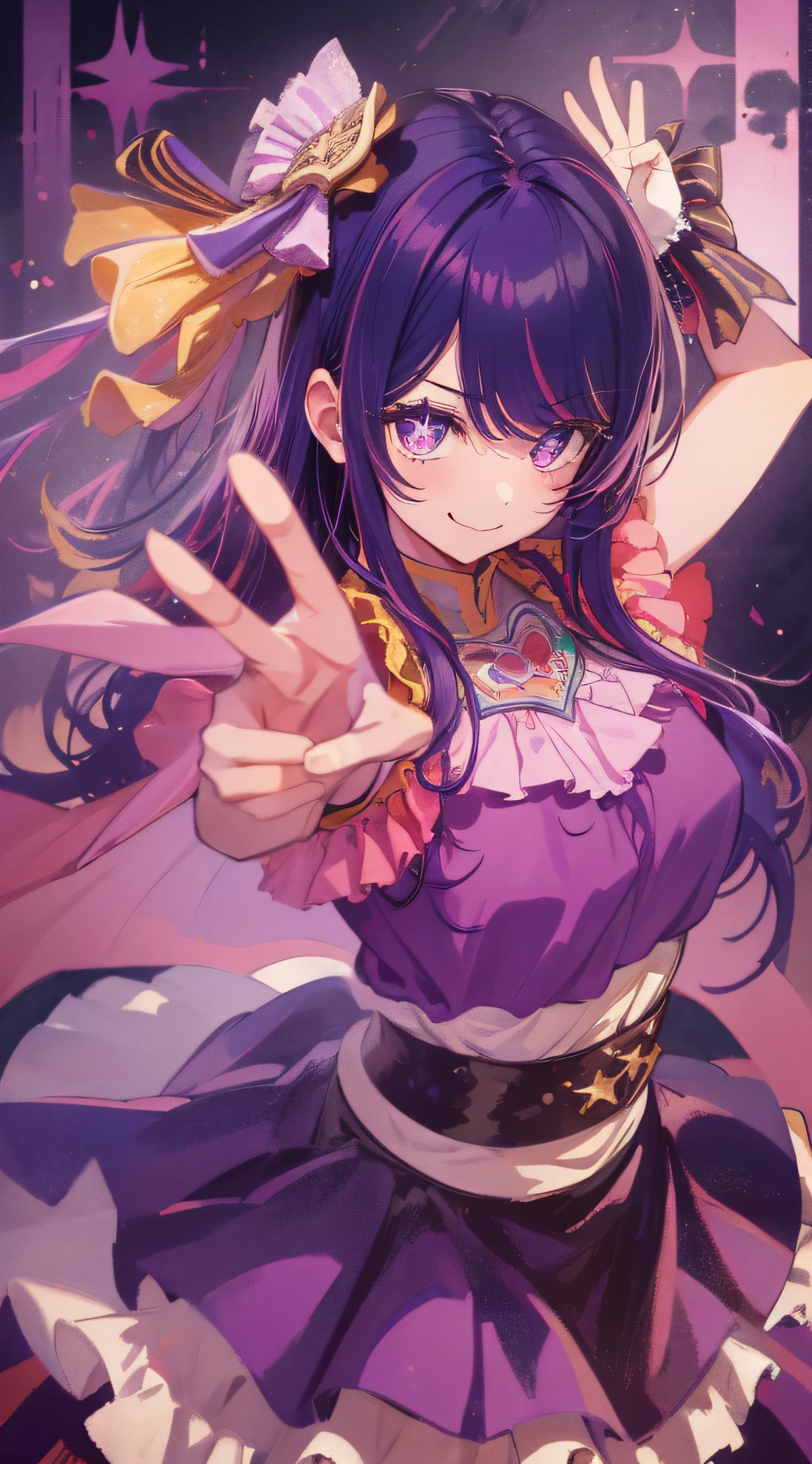 HshinoAi,gloves, tongue out, tongue, long hair, star \(symbol\), looking at viewer, (purple hair:1.2), purple eyes, upper body, hair ornament, frills, pink shirt, smile, sleeveless, shirt, idol, symbol-shaped pupils, hands up, bangs, one side up, star-shaped pupils, arms up, dress pull,Roaring Twenties, isometric, cliff, 1girl, full body, cowboy shot, (Rembrandt), illustration, (best quality), (ultra_detailed), finely detail, (Depth of field), peace sign, highest quality, high resolution.