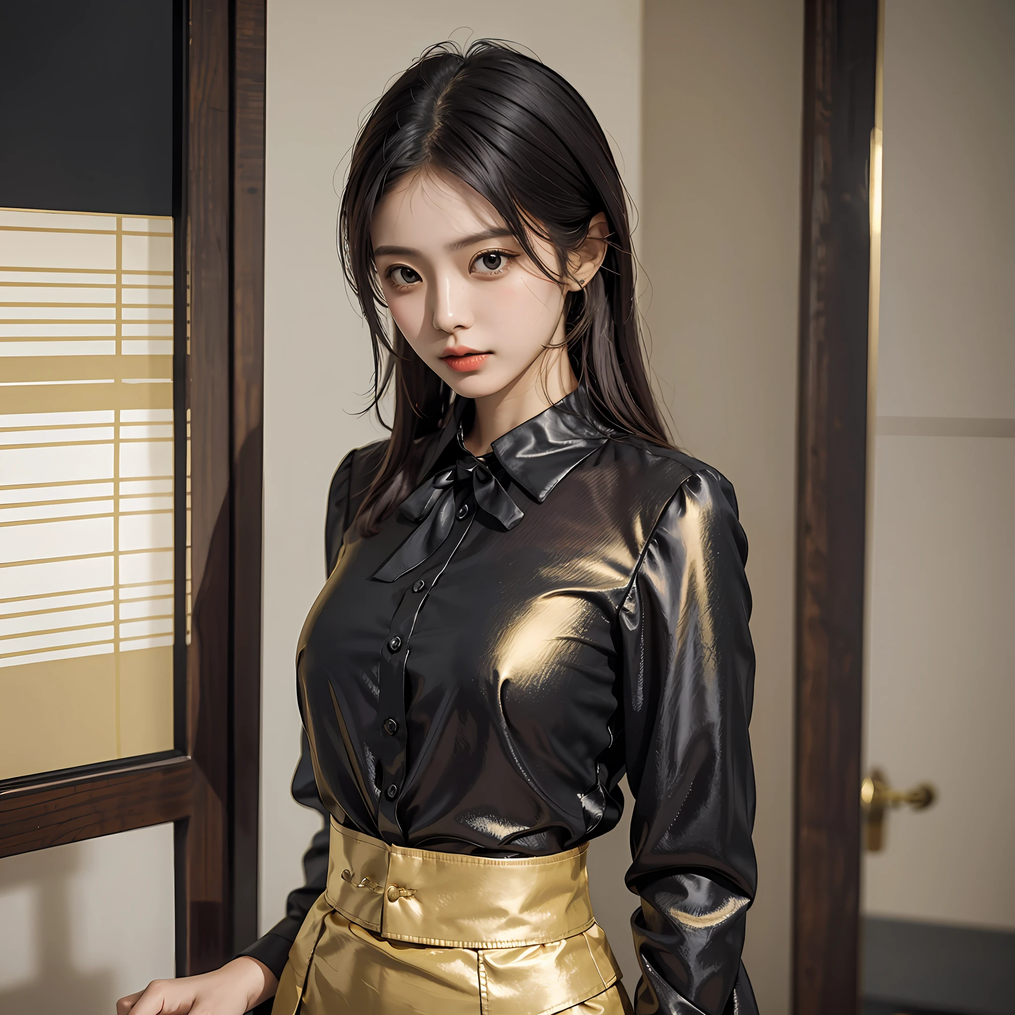 Wearing a blouse, wearing a shiny silk blouse, blouse material is smooth, blouse color is black or gold, blouse buttons fastened, body fitted, no bra, Japan fashion model, wearing a shirt, Japan model,