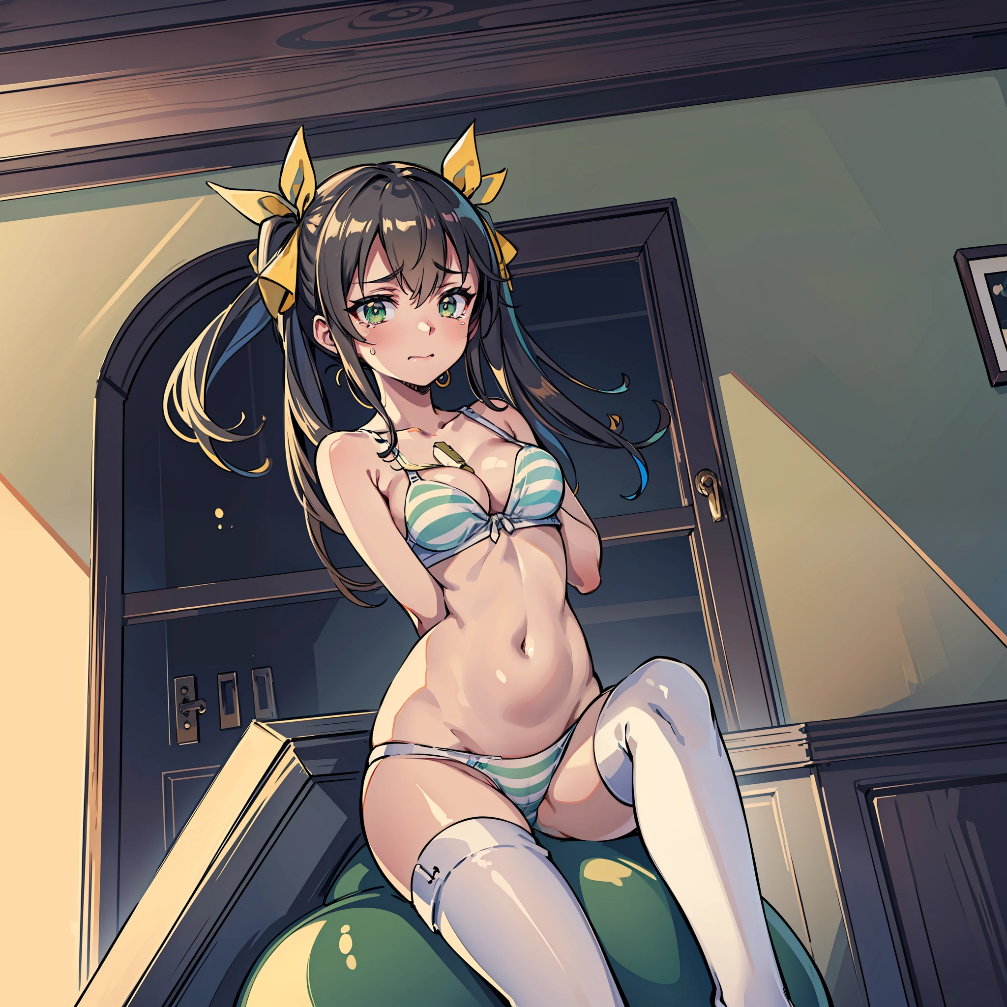 (((masterpiece))), best quality, highly detailed, extremely detailed CG unity 8k wallpaper,illustration,sfw,safe for work,
sd1,solo, one female,1female,lingyinhuang, fang, white thigh highs,white pantyhose,yellow ribbon, hair ribbon,green bra,green stripes panties, covered navel, bare shoulders, dark green eyes, wet body,bondage,bdsm, tied,tied up,rope, hands are bound,
close-up to her toes,belly,hands tied up,hands bound on,sitting,looking on the belly,from below,angle from blow,angle from toes,
coughing,suffering,tears,crying,suffering face,
indoor,grey background, dark background,night,dark living room,warm light,spotlight,
