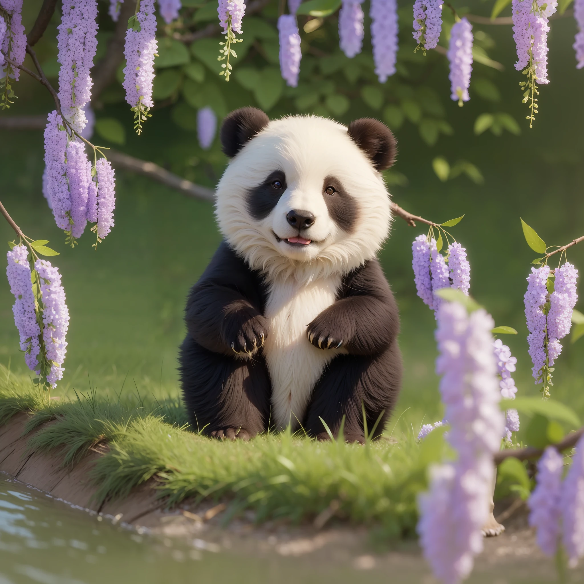 8K, 1 bear, cute sitting on the ground, (shiny and shiny hair: 1.5), (exquisite depiction of details: 1.5), cute giant panda named Wahua, characteristics of giant panda, round body, white short tail, black limbs, standing on both feet, smiling at the audience, in the wisteria forest, grass, wide-angle lens, HD quality, exquisite detail description