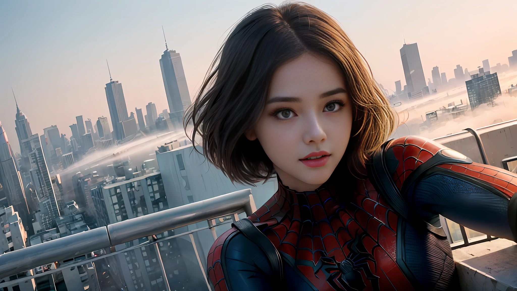 (1girl:1.3), Solo, (((Very detailed face)))), ((Very detailed eyes and face)))), Beautiful detail eyes, Body parts__, Official art, Unified 8k wallpaper, Super detailed, beautiful and beautiful, beautiful, masterpiece, best quality, original, masterpiece, super fine photo, best quality, super high resolution, realistic realism, sunlight, full body portrait, amazing beauty, dynamic pose, delicate face, vibrant eyes, (from the front), She wears Spider-Man suit, red and black color scheme, spider, very detailed city roof background, rooftop, overlooking the city, detailed face, detailed complex busy background, messy, gorgeous, milky white, highly detailed skin, realistic skin details, visible pores, clear focus, volumetric fog, 8k uhd, DSLR, high quality, film grain, fair skin, photo realism, lomography, futuristic dystopian megalopolis, translucent