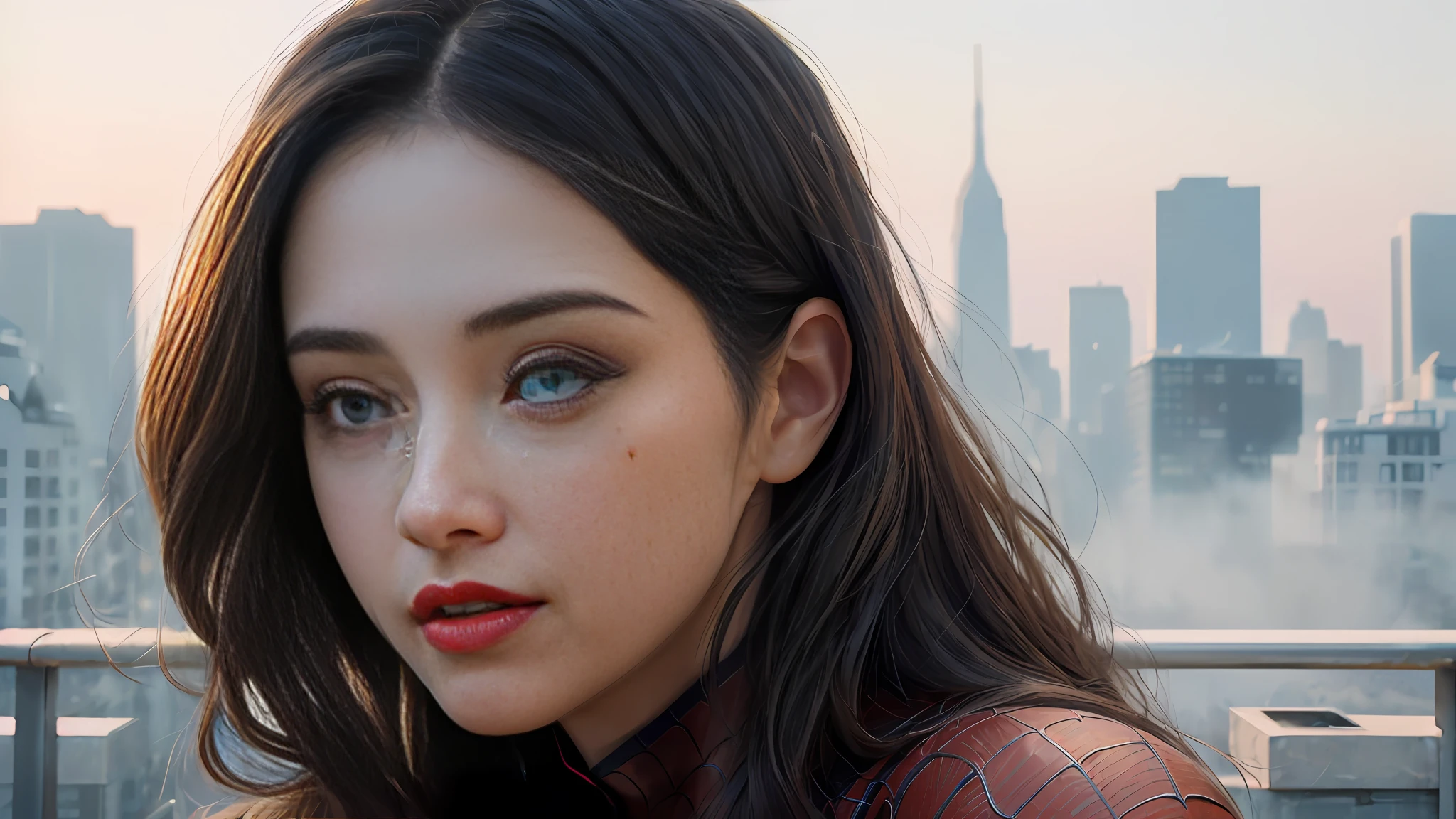 (1girl:1.3), Solo, (((Very detailed face)))), ((Very detailed eyes and face)))), Beautiful detail eyes, Body parts__, Official art, Unified 8k wallpaper, Super detailed, beautiful and beautiful, beautiful, masterpiece, best quality, original, masterpiece, super fine photo, best quality, super high resolution, realistic realism, sunlight, full body portrait, amazing beauty, dynamic pose, delicate face, vibrant eyes, (from the front), She wears Spider-Man suit, red and black color scheme, spider, very detailed city roof background, rooftop, overlooking the city, detailed face, detailed complex busy background, messy, gorgeous, milky white, highly detailed skin, realistic skin details, visible pores, clear focus, volumetric fog, 8k uhd, DSLR, high quality, film grain, fair skin, photo realism, lomography, futuristic dystopian megalopolis, translucent