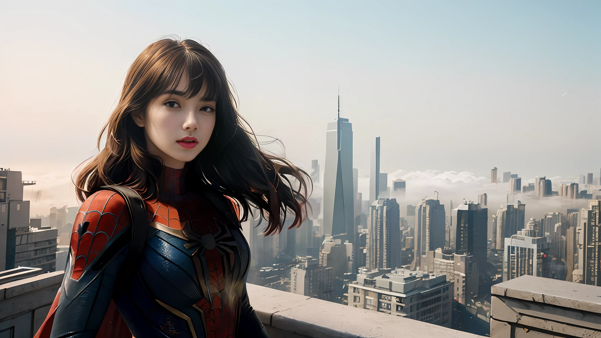 (1girl:1.3), Solo, (((Very detailed face)))), ((Very detailed eyes and face)))), Beautiful detail eyes, Body parts__, Official art, Unified 8k wallpaper, Super detailed, beautiful and beautiful, beautiful, masterpiece, best quality, original, masterpiece, super fine photo, best quality, super high resolution, realistic realism, sunlight, full body portrait, amazing beauty, dynamic pose, delicate face, vibrant eyes, (from the front), She wears Spider-Man suit, red and black color scheme, spider, very detailed city roof background, rooftop, overlooking the city, detailed face, detailed complex busy background, messy, gorgeous, milky white, highly detailed skin, realistic skin details, visible pores, clear focus, volumetric fog, 8k uhd, DSLR, high quality, film grain, fair skin, photo realism, lomography, futuristic dystopian megalopolis, translucent