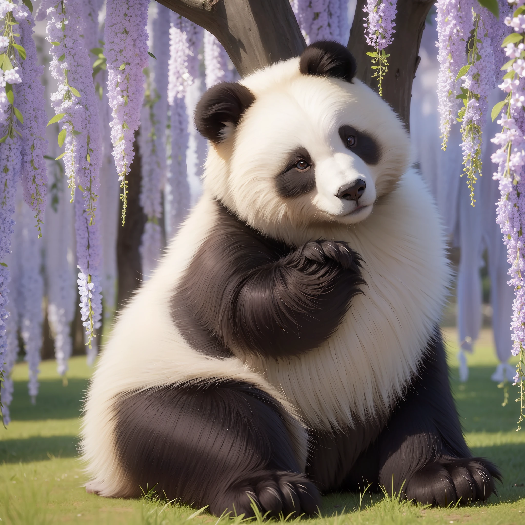 8K, 1 bear, cute sitting on the ground, (shiny and shiny hair: 1.5), (exquisite depiction of details: 1.5), cute giant panda named Wahua, characteristics of giant panda, round body, white short tail, black limbs, standing on both feet, smiling at the audience, in the wisteria forest, grass, wide-angle lens, HD quality, exquisite detail description