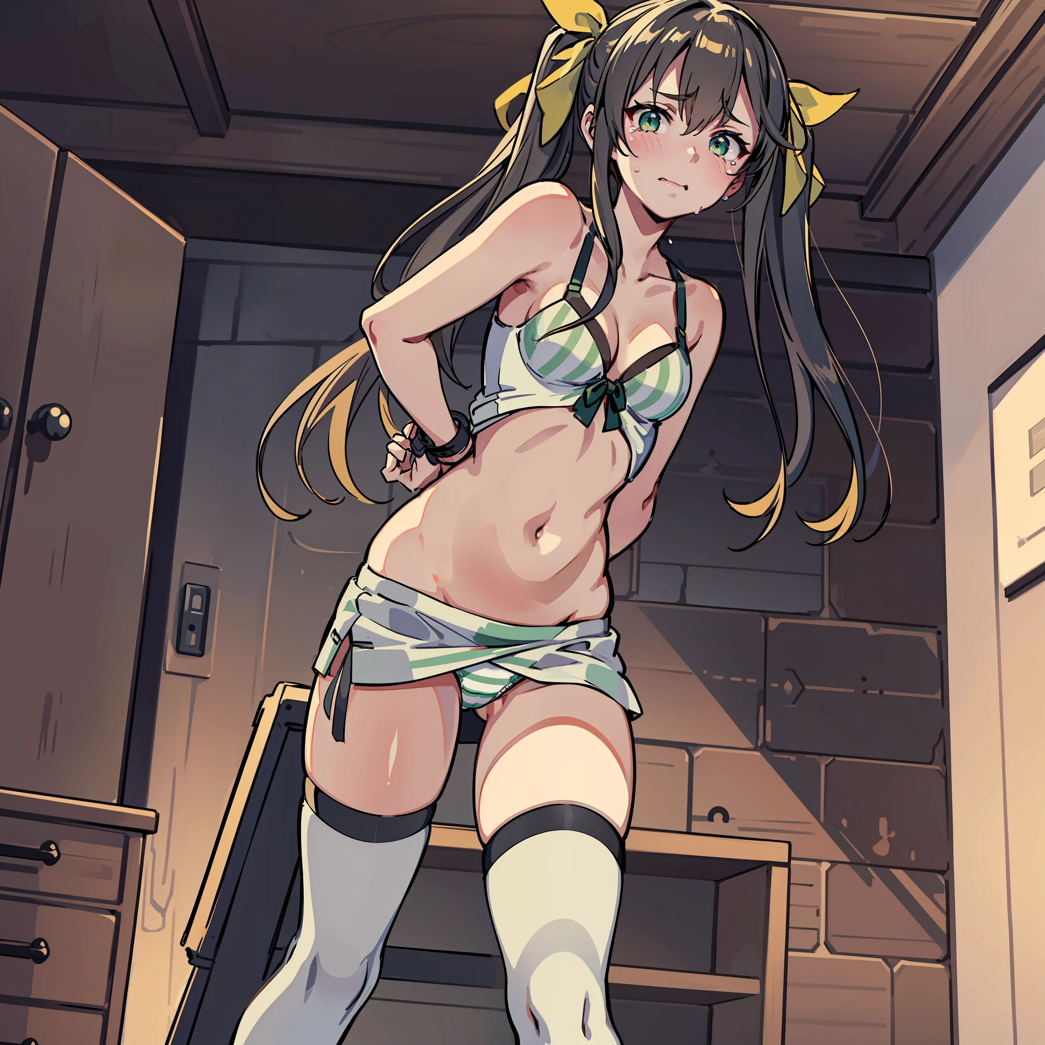 (((masterpiece))), best quality, highly detailed, extremely detailed CG unity 8k wallpaper,illustration,sfw,safe for work,
sd1,solo, one female,1female,lingyinhuang, fang, white thigh highs,white pantyhose,yellow ribbon, hair ribbon,green bra,green stripes panties, covered navel, bare shoulders, dark green eyes, wet body,bondage,bdsm, tied,tied up,rope, hands are bound,
close-up to her toes,belly,hands tied up,hands bound on,sitting,looking on the belly,from below,angle from blow,angle from toes,
coughing,suffering,tears,crying,suffering face,
indoor,grey background, dark background,night,dark living room,warm light,spotlight,
