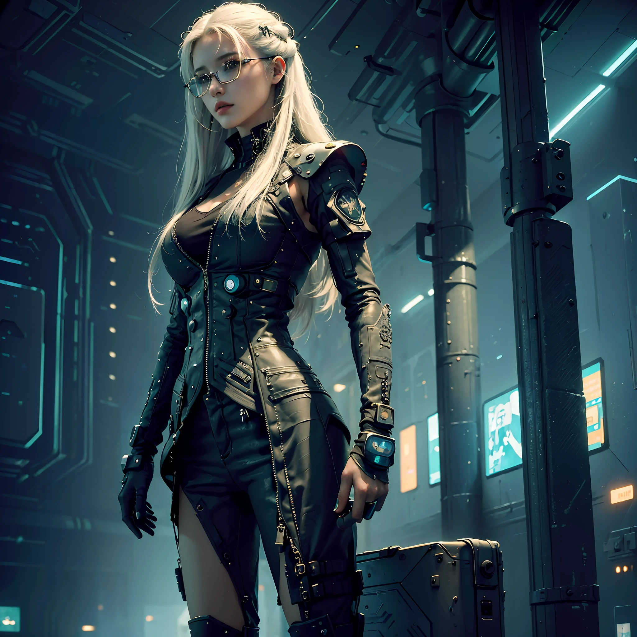 ((Best quality)), ((masterpiece)), (detailed: 1.4), 3D, cyberpunk, a beautiful woman with long white hair , cyberpunk , cyber glasses , vest , military , outfit military tech