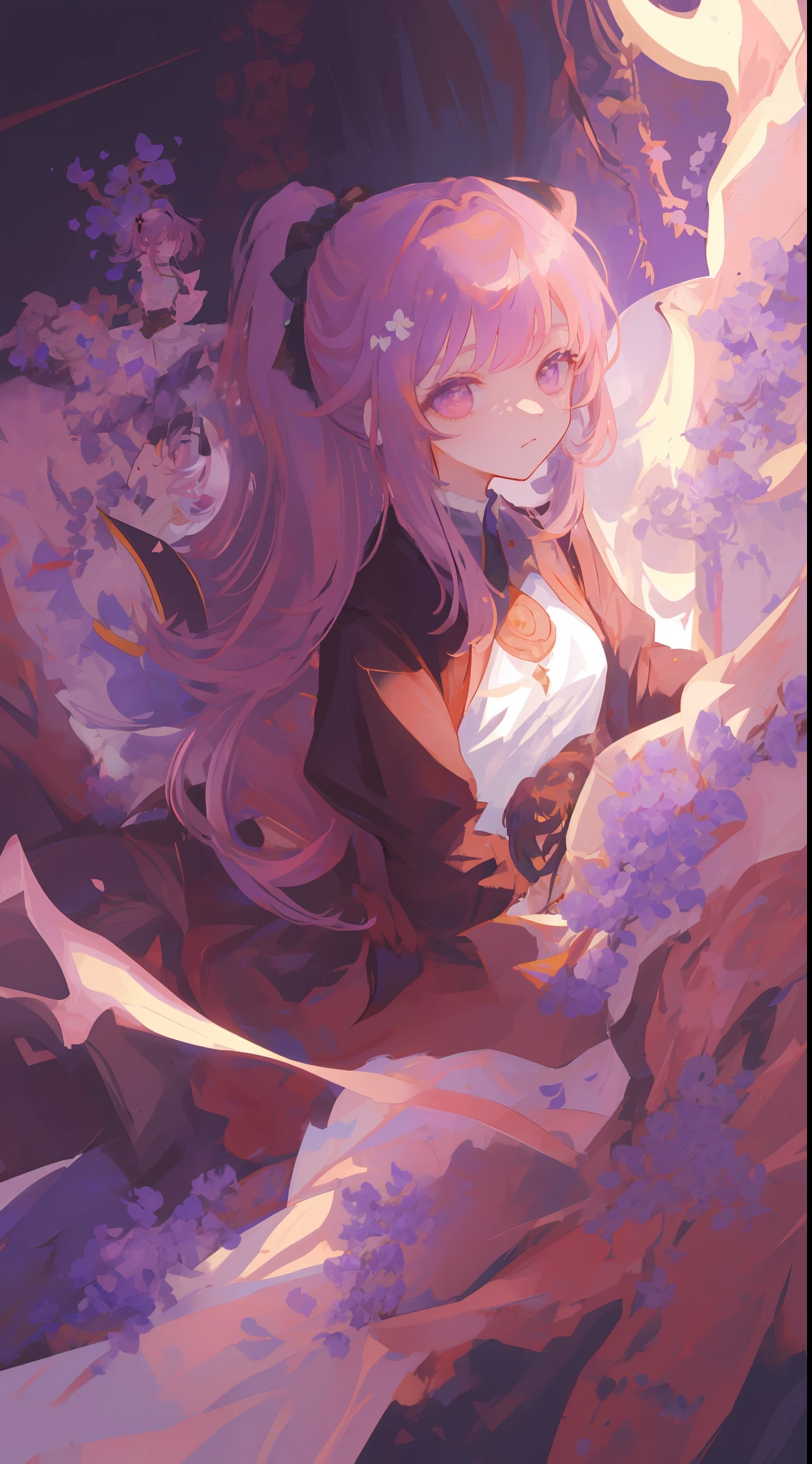 ((Masterpiece, Best Quality)), (Negative Space: 1.2), (1 Girl, Solo: 1.4), Petals, Pink Eyes, Dragon Girl, Long, Purple Hair, High Ponytail, Liquid Hair, Flowers, Dragon Background