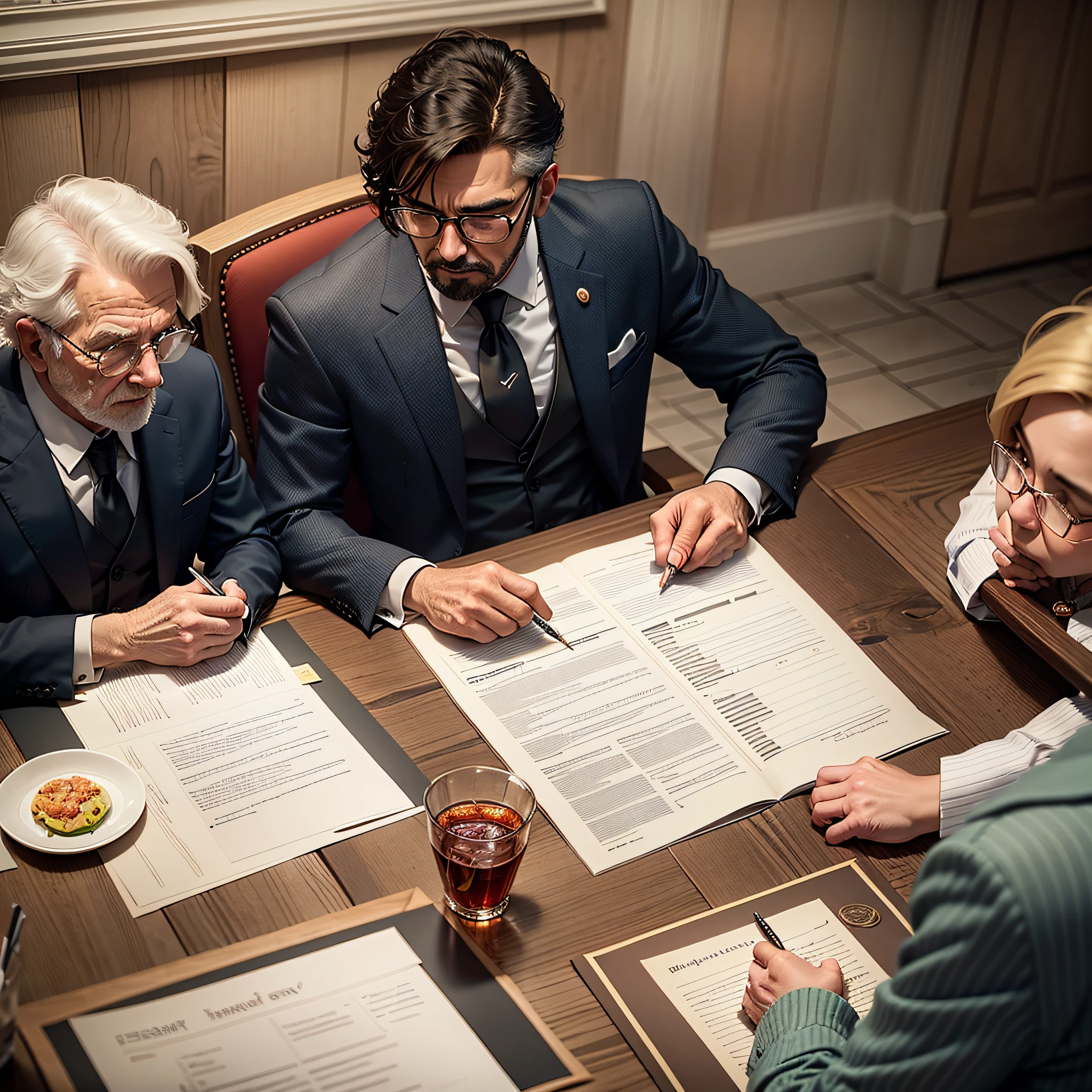 and representing the seriousness of the moment, with all family members wearing formal clothes and looking at the director intently. There are papers, pens and laptops strewn across the table, indicating that they are discussing important details of the business. The room is well lit and decorated with elements that refer to the history of the company, such as photos of important moments and awards won. The older director is passing on his knowledge and experience to the younger members of the family, who show a lot of attention and respect for the father figure. The scene conveys a sense of family togetherness and commitment to the future of the business. --auto --s2