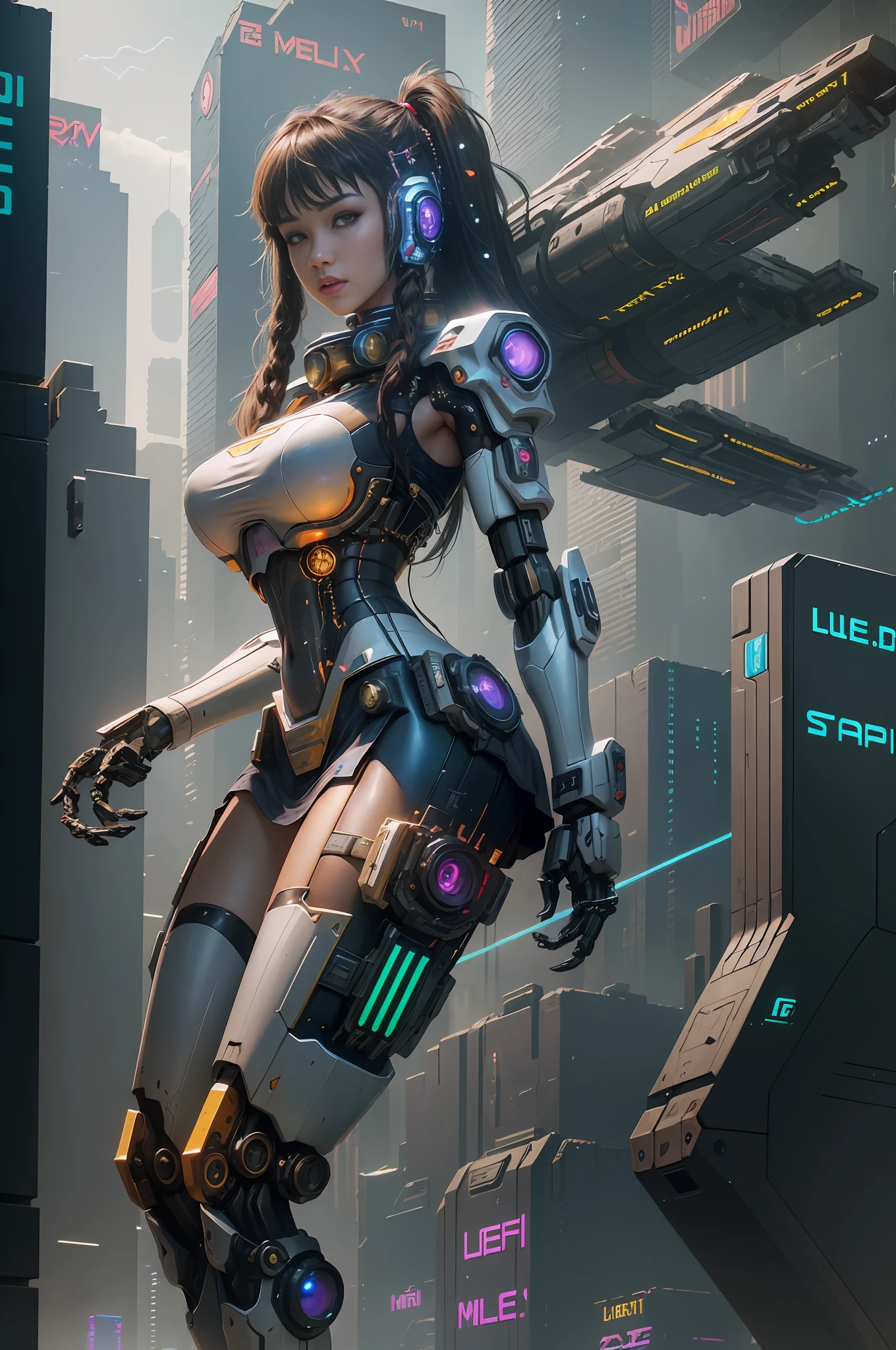 ((Best quality)), ((masterpiece)), (highly detailed:1.3), 3D, beautiful, (cyberpunk:1.6), in space, nebulous, laser, (1Female mecha:1.8), sexy body, facing the audience, bright eyes full breasts, full body, big ass, neon tattoo, (flying, descending, dynamic, motion blur: 1.4), (huge wings of locks: 1.9), looking up, glowing_eyes, mecha, panorama, background is earth,  nebula, space, particles, Reality, HDR (High Dynamic Range), Ray Tracing, NVIDIA RTX, Super Resolution, Unreal 5, Subsurface Scattering, PBR Textures, Post-Processing, Anisotropic Filtering, Depth of Field, Maximum Clarity and Clarity, Multilayer Textures, Albedo and Specular Maps, Surface Shading, Accurate Simulation of Light-Material Interaction, Perfect Proportions, Octane Render, Two-Tone Lighting, Large Aperture, Low ISO,  white balance, rule of thirds, 8K RAW, efficient sub-pixel, sub-pixel volume product, (best quality), (Japanese: 0.9), (Korean: 0.8), (Liu Yi Fei: 1.8) long hair, (large chest: 1.5), (underboob: 1.6), (white transparent lace mini skirt: 1.7)