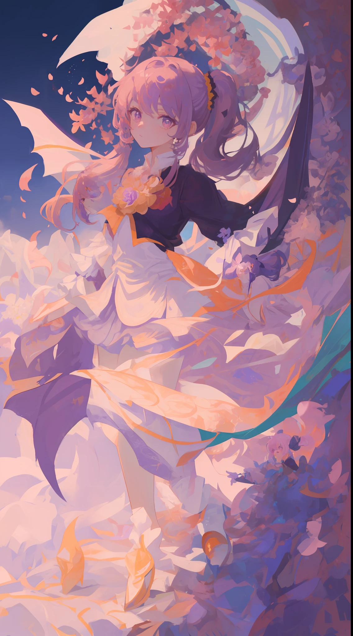 ((Masterpiece, Best Quality)), (Negative Space: 1.2), (1 Girl, Solo: 1.4), Petals, Pink Eyes, Dragon Girl, Long, Purple Hair, High Ponytail, Liquid Hair, Flowers, Dragon Background