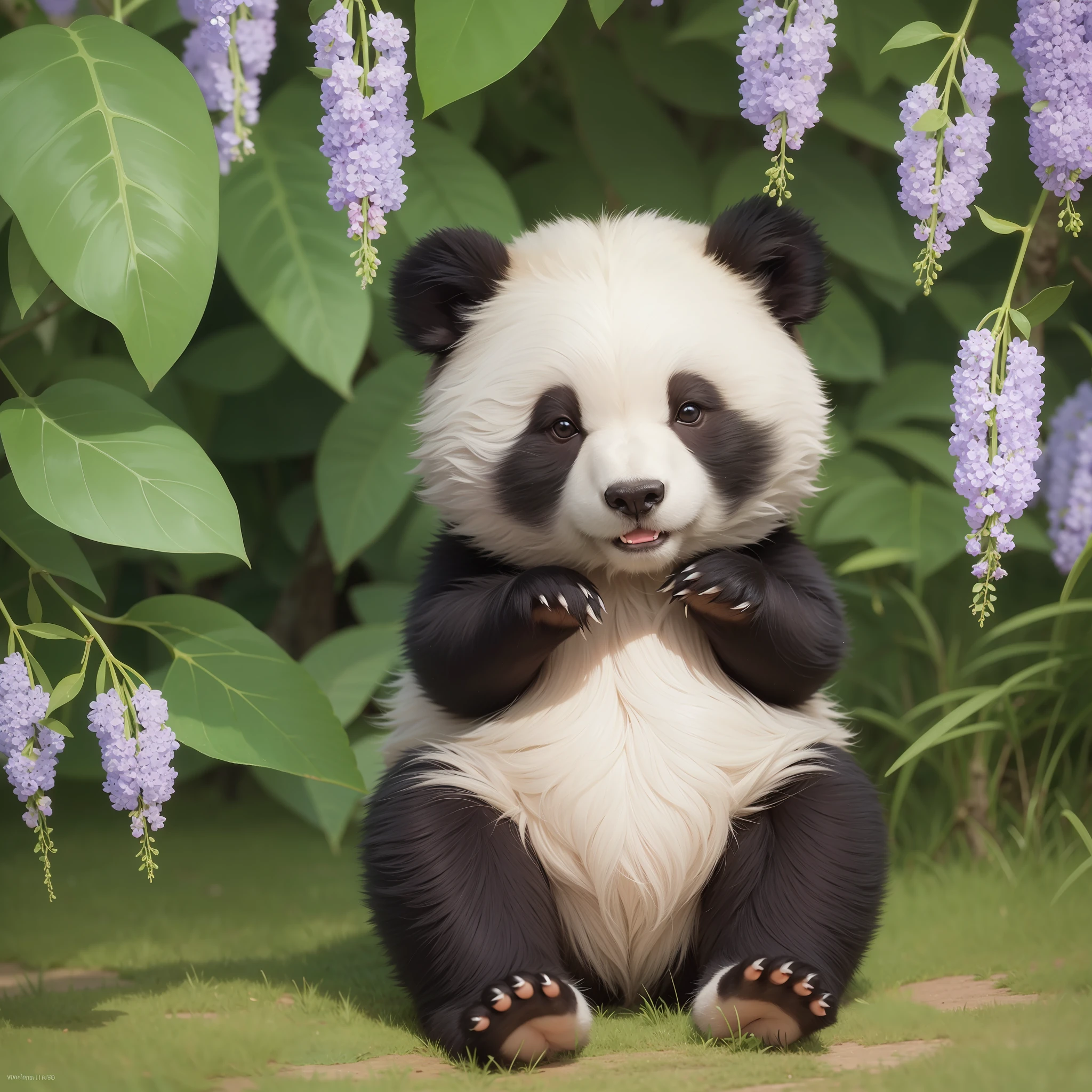 8K, 1 juvenile bear, cute sitting on the ground, (shiny and shiny hair: 1.5), (exquisite detail depiction: 1.5), cute giant panda named Wahua, characteristics of giant panda, round body, white short tail, black limbs, standing on both feet, smiling at the audience, in the wisteria forest, grass, wide-angle lens, HD quality, exquisite detail description