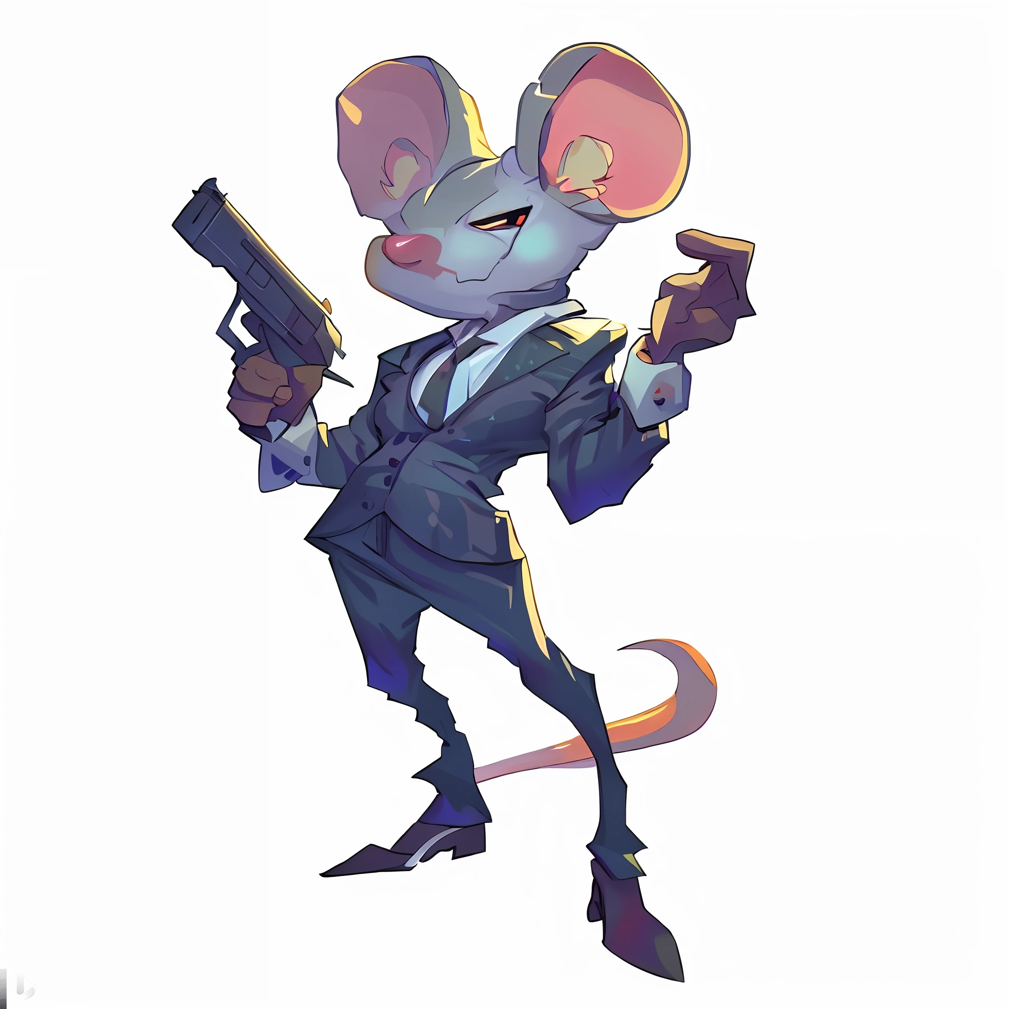 8k, realistic, charismatic, very detailed, mouse anthropomorphic, full body, digital art, red and cinematic lighting, dramatic shadows and beautiful vivid colors capture scenes. Romantic art style, sharp claws, flat perspective, character standing painting, pistols, suits, elaborate suits