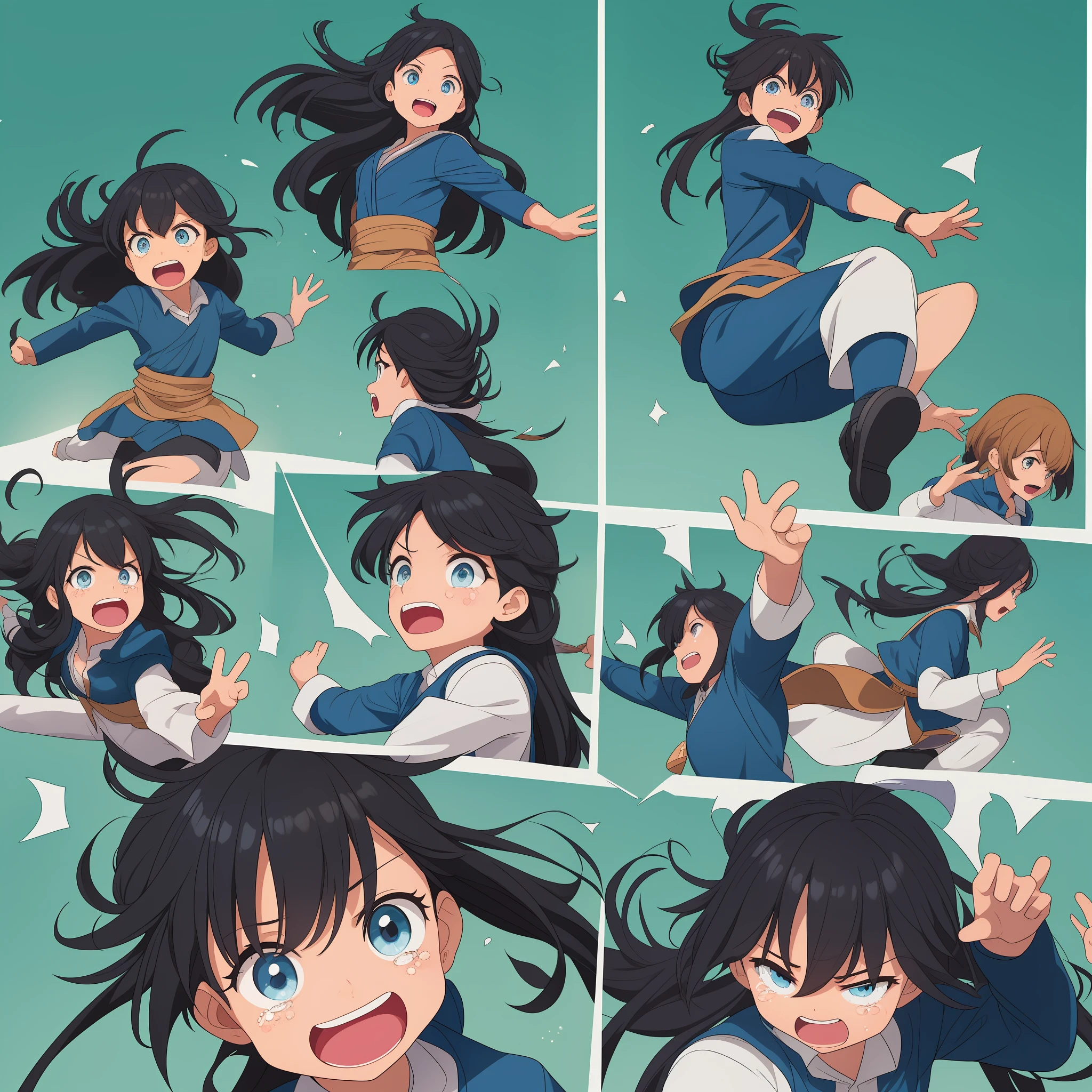 multiple panels of same character in (different expressions and poses), happy, jumping, crying, depressed, scared