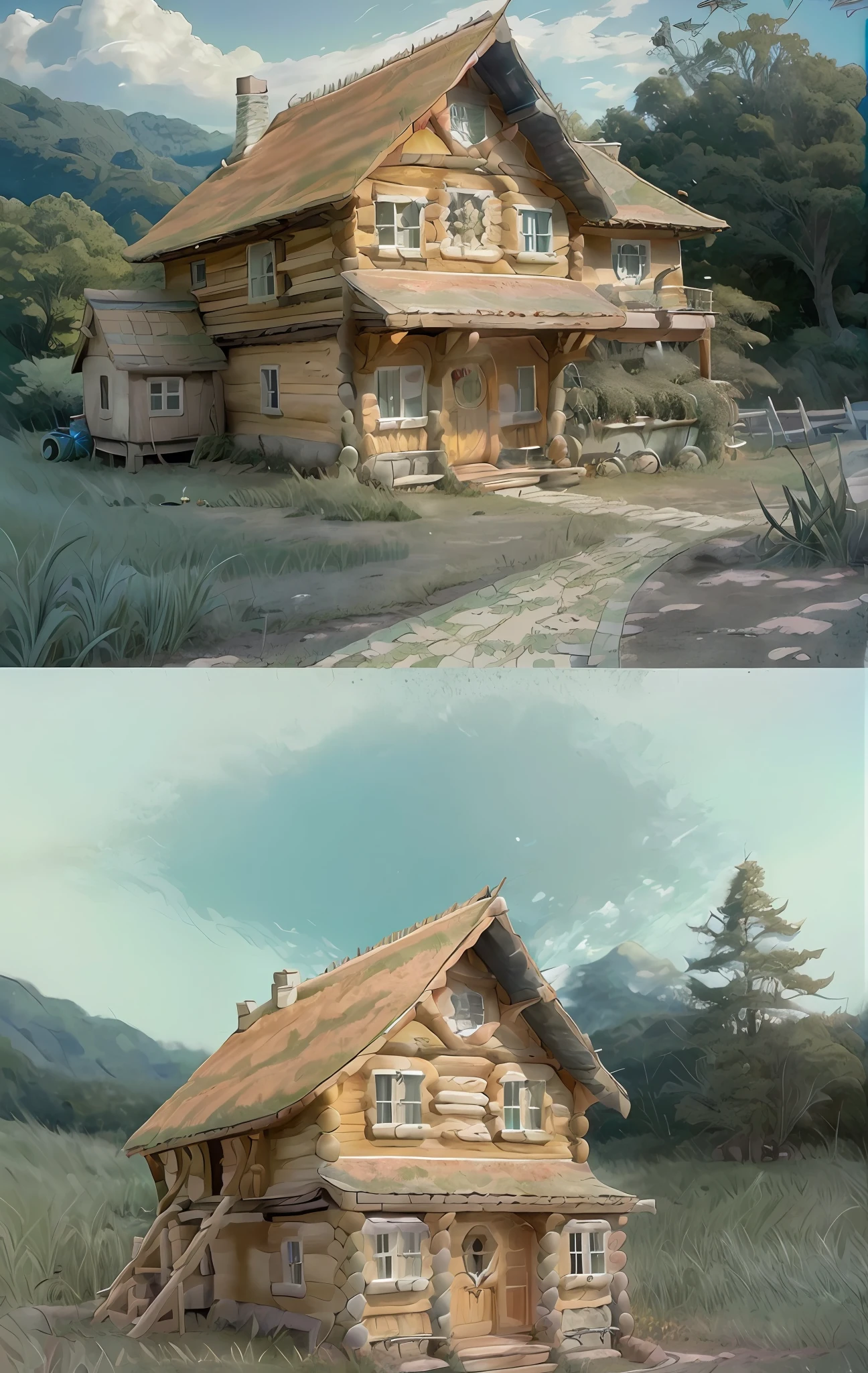 Realistic, real life, beautiful hobbit house on the hill, style of laurie greasley, studio ghibli, akira toriyama, james gilleard, genshin impact, trending pixiv fanbox, acrylic palette knife, 4k, vibrant colors, devinart, trending on artstation