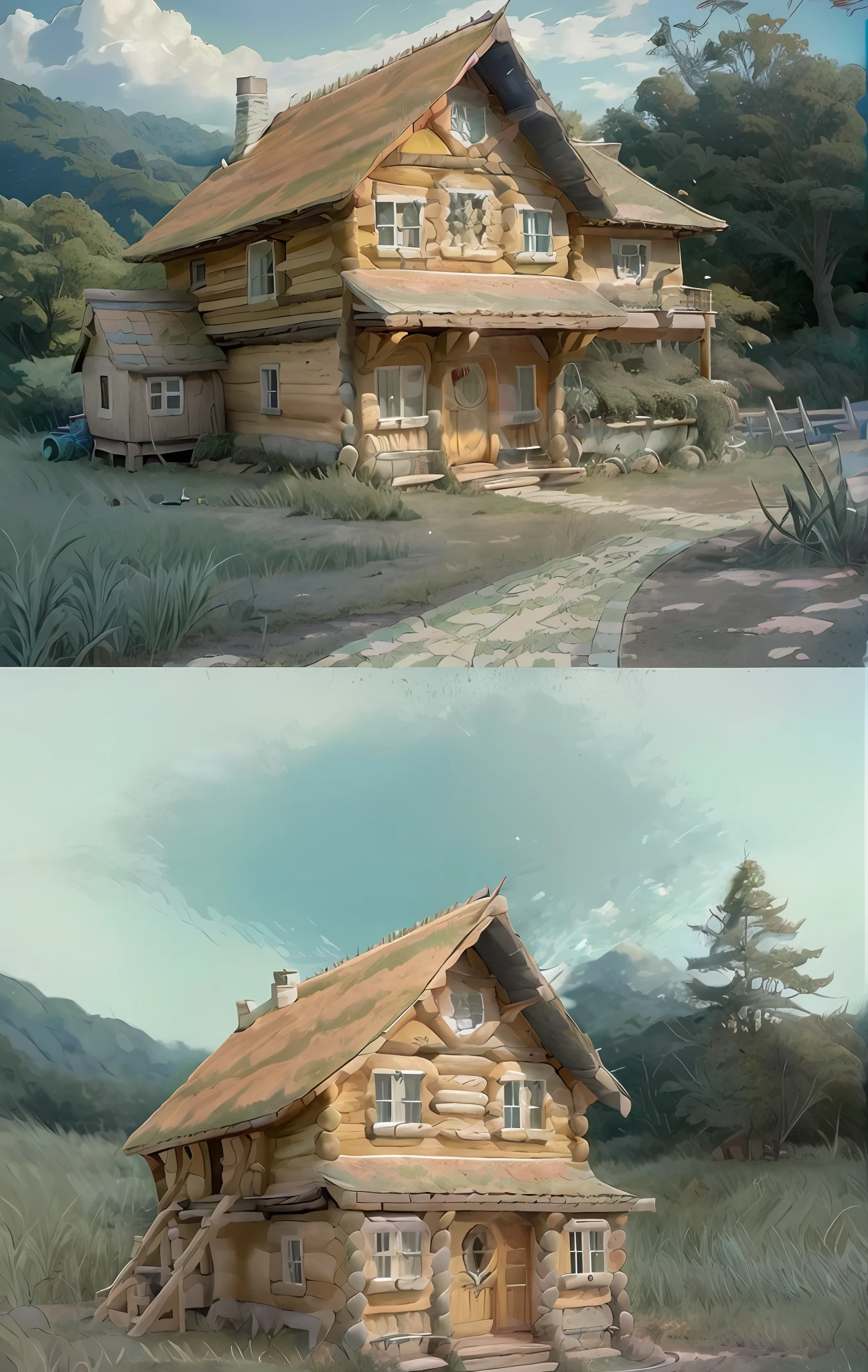 Realistic, real life, beautiful hobbit house on the hill, style of laurie greasley, studio ghibli, akira toriyama, james gilleard, genshin impact, trending pixiv fanbox, acrylic palette knife, 4k, vibrant colors, devinart, trending on artstation