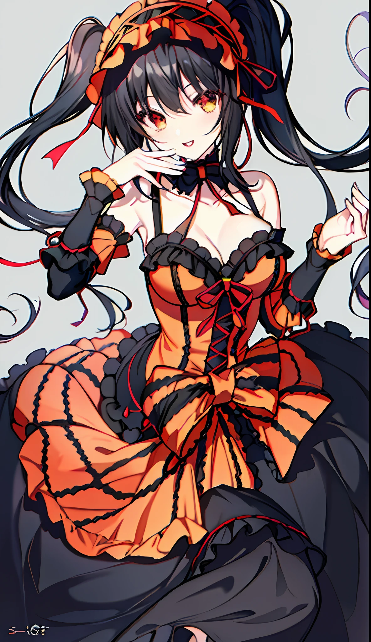 18 year old beautiful girl, masterpiece, top quality, 8K anime, 1 girl, detailed fingers, precise fingers, not unnatural hands, odd eyes, black hair twin tails, kurumi tokizaki, large ,