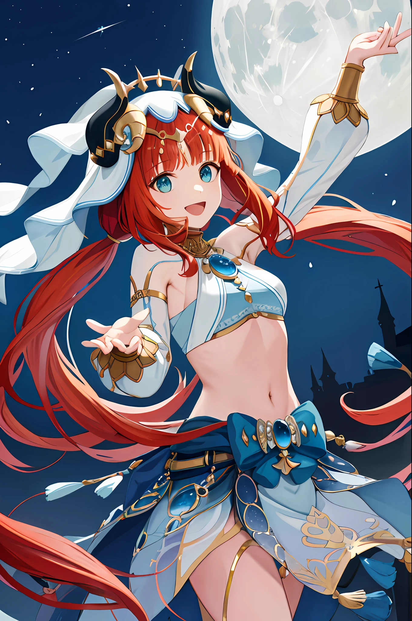 (Realistic painting style:1.1), masterpiece, best quality, absurdres, nilou (neither flower nor mist) (genshin impact), aqua eyes, nilou (genshin impact), fake horns, 1girl, solo, red hair, veil, smile, moon, long hair, crop top, jewelry, horns, night, bracer, brooch, long sleeves, puffy long sleeves, looking at viewer, skirt, bangs, twintails, water, puffy sleeves, sky, neck ring, open mouth, :d, full moon, night sky, flower, harem outfit, gold trim, parted bangs, arm up, breasts, circlet, outdoors, blue skirt, hair ornament, detached sleeves, low twintails, floating hair, gem, hair flower, blue gemstone, hand up, dancer, white headwear, small breasts, stomach, midriff, cowboy shot, blue bow, very long hair
