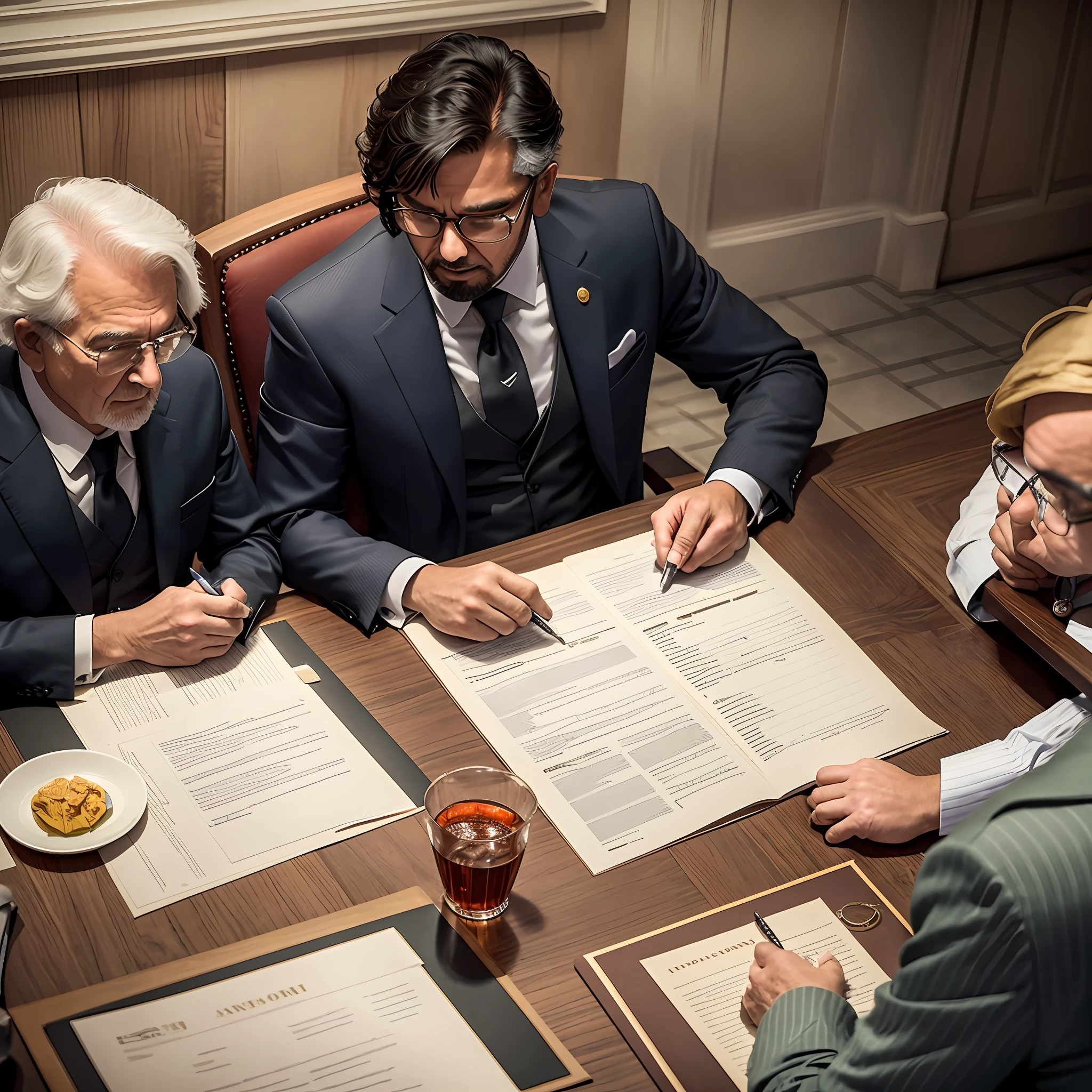 and representing the seriousness of the moment, with all family members wearing formal clothes and looking at the director intently. There are papers, pens and laptops strewn across the table, indicating that they are discussing important details of the business. The room is well lit and decorated with elements that refer to the history of the company, such as photos of important moments and awards won. The older director is passing on his knowledge and experience to the younger members of the family, who show a lot of attention and respect for the father figure. The scene conveys a sense of family togetherness and commitment to the future of the business. --auto --s2