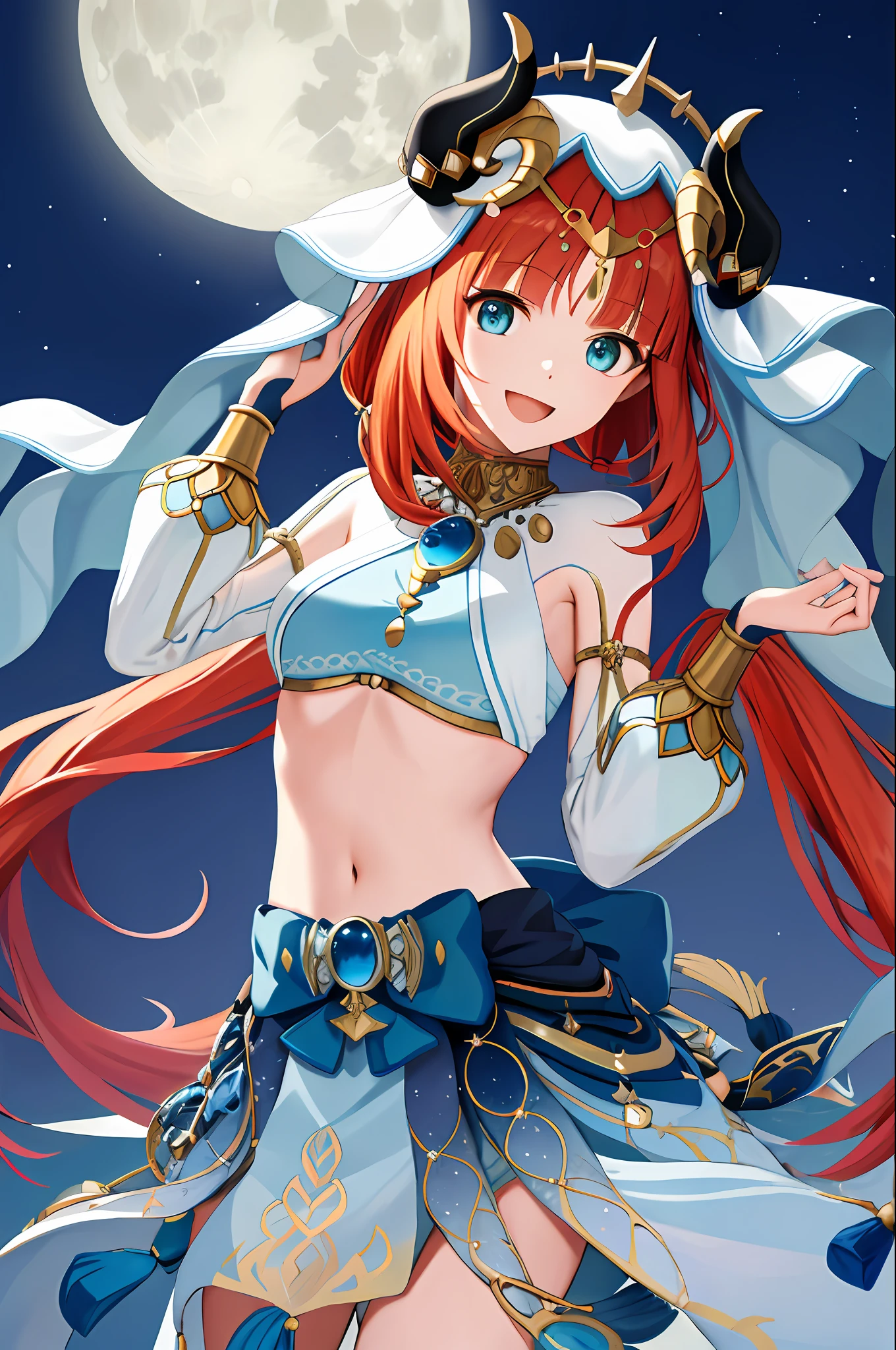 (Realistic painting style:1.1), masterpiece, best quality, absurdres, nilou (neither flower nor mist) (genshin impact), aqua eyes, nilou (genshin impact), fake horns, 1girl, solo, red hair, veil, smile, moon, long hair, crop top, jewelry, horns, night, bracer, brooch, long sleeves, puffy long sleeves, looking at viewer, skirt, bangs, twintails, water, puffy sleeves, sky, neck ring, open mouth, :d, full moon, night sky, flower, harem outfit, gold trim, parted bangs, arm up, breasts, circlet, outdoors, blue skirt, hair ornament, detached sleeves, low twintails, floating hair, gem, hair flower, blue gemstone, hand up, dancer, white headwear, small breasts, stomach, midriff, cowboy shot, blue bow, very long hair