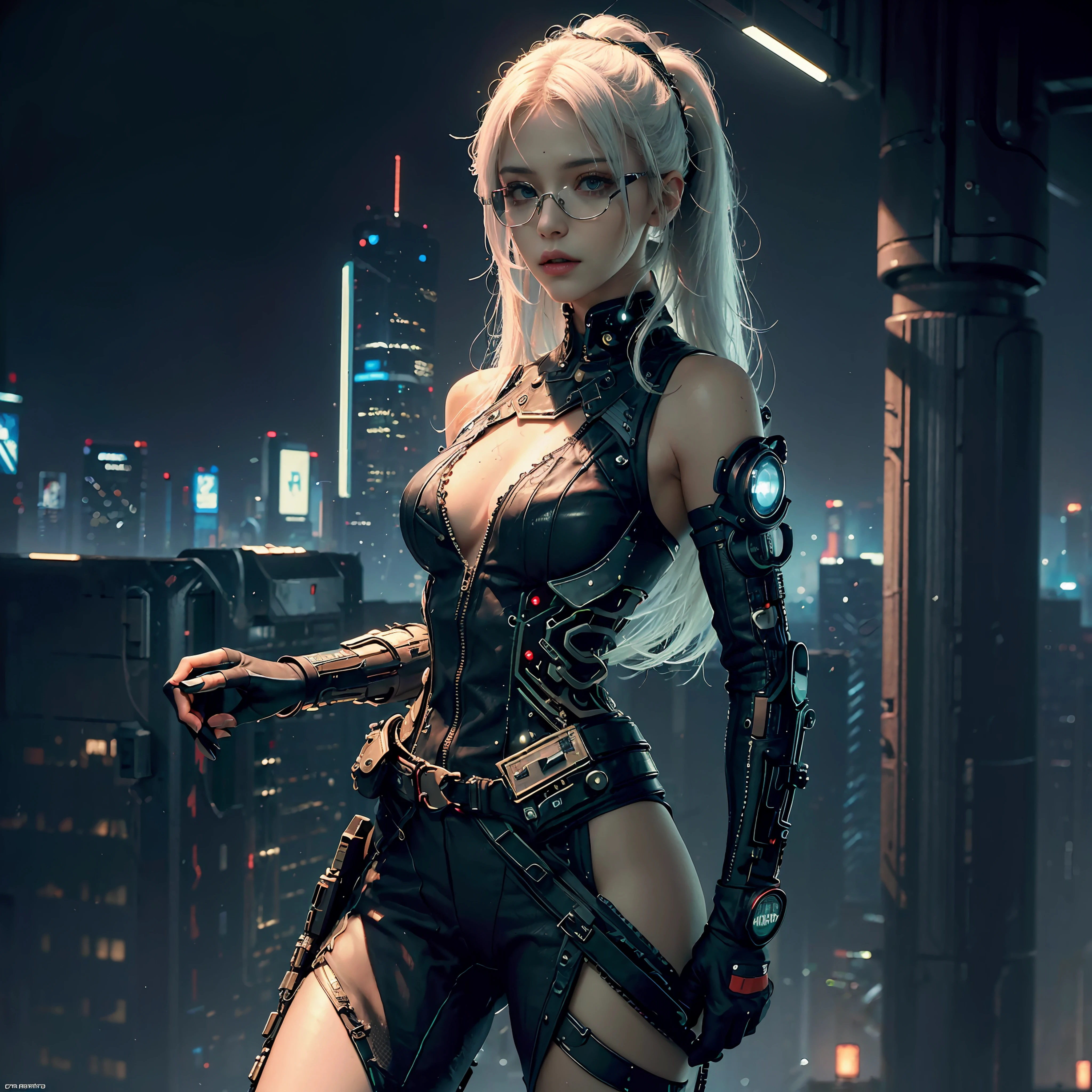 ((Best quality)), ((masterpiece)), (detailed: 1.4), 3D, cyberpunk, a beautiful woman with long white hair , cyberpunk , cyber glasses , vest , military , outfit military tech