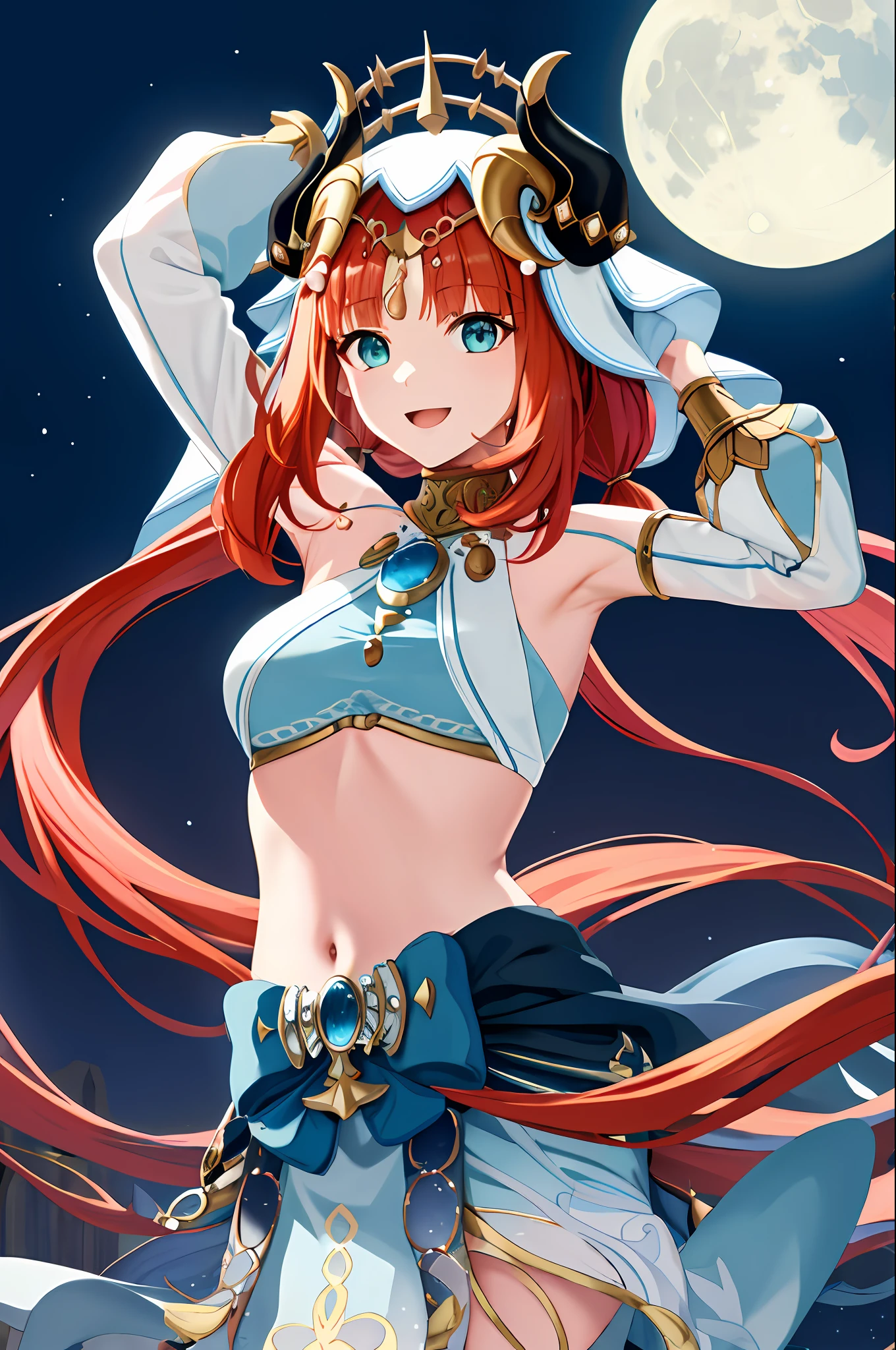 (Realistic painting style:1.1), masterpiece, best quality,  absurdres, nilou (neither flower nor mist) (genshin impact), aqua eyes, nilou (genshin impact), fake horns, 1girl, solo, red hair, veil, smile, moon, long hair, crop top, jewelry, horns, night, bracer, brooch, long sleeves, puffy long sleeves, looking at viewer, skirt, bangs, twintails, water, puffy sleeves, sky, neck ring, open mouth, :d, full moon, night sky, flower, harem outfit, gold trim, parted bangs, arm up, breasts, circlet, outdoors, blue skirt, hair ornament, detached sleeves, low twintails, floating hair, gem, hair flower, blue gemstone, hand up, dancer, white headwear, small breasts, stomach, midriff, cowboy shot, blue bow, very long hair