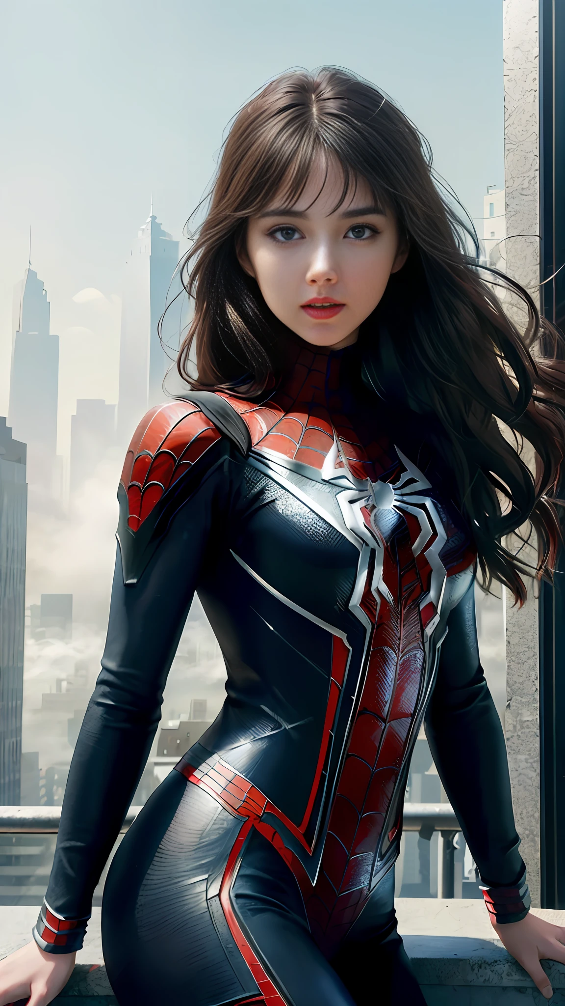 (1girl:1.3), Solo, (((Very detailed face)))), ((Very detailed eyes and face)))), Beautiful detail eyes, Body parts__, Official art, Unified 8k wallpaper, Super detailed, beautiful and beautiful, beautiful, masterpiece, best quality, original, masterpiece, super fine photo, best quality, super high resolution, realistic realism, sunlight, full body portrait, amazing beauty, dynamic pose, delicate face, vibrant eyes, (from the front), She wears Spider-Man suit, red and black color scheme, spider, very detailed city roof background, rooftop, overlooking the city, detailed face, detailed complex busy background, messy, gorgeous, milky white, highly detailed skin, realistic skin details, visible pores, clear focus, volumetric fog, 8k uhd, DSLR, high quality, film grain, fair skin, photo realism, lomography, futuristic dystopian megalopolis, translucent