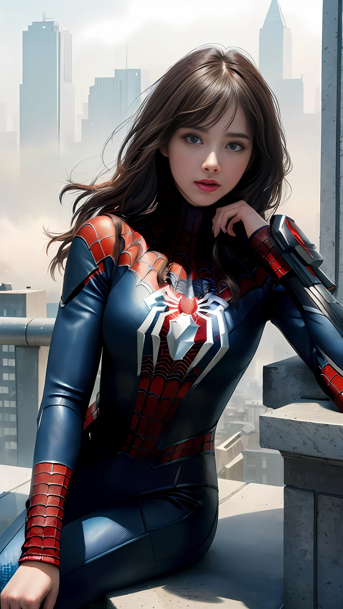 (1girl:1.3), Solo, (((Very detailed face)))), ((Very detailed eyes and face)))), Beautiful detail eyes, Body parts__, Official art, Unified 8k wallpaper, Super detailed, beautiful and beautiful, beautiful, masterpiece, best quality, original, masterpiece, super fine photo, best quality, super high resolution, realistic realism, sunlight, full body portrait, amazing beauty, dynamic pose, delicate face, vibrant eyes, (from the front), She wears Spider-Man suit, red and black color scheme, spider, very detailed city roof background, rooftop, overlooking the city, detailed face, detailed complex busy background, messy, gorgeous, milky white, highly detailed skin, realistic skin details, visible pores, clear focus, volumetric fog, 8k uhd, DSLR, high quality, film grain, fair skin, photo realism, lomography, futuristic dystopian megalopolis, translucent